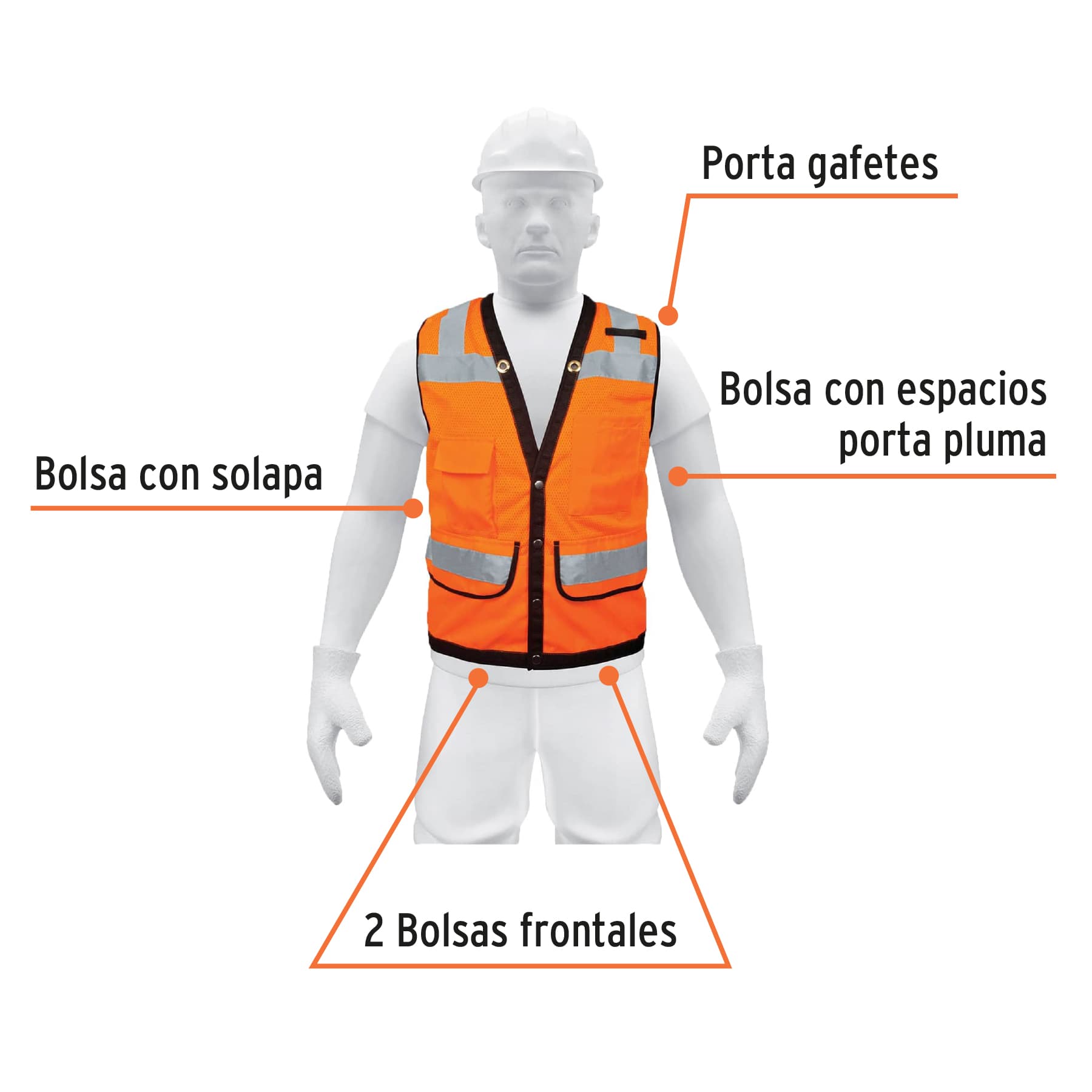 Chaleco seguridad reforzado naranja con bolsas, EG, EXPERT - Imagen 3