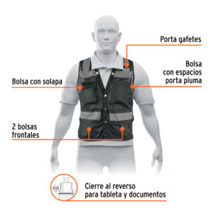 Chaleco seguridad reforzado negro con bolsas, G, EXPERT - Imagen 3