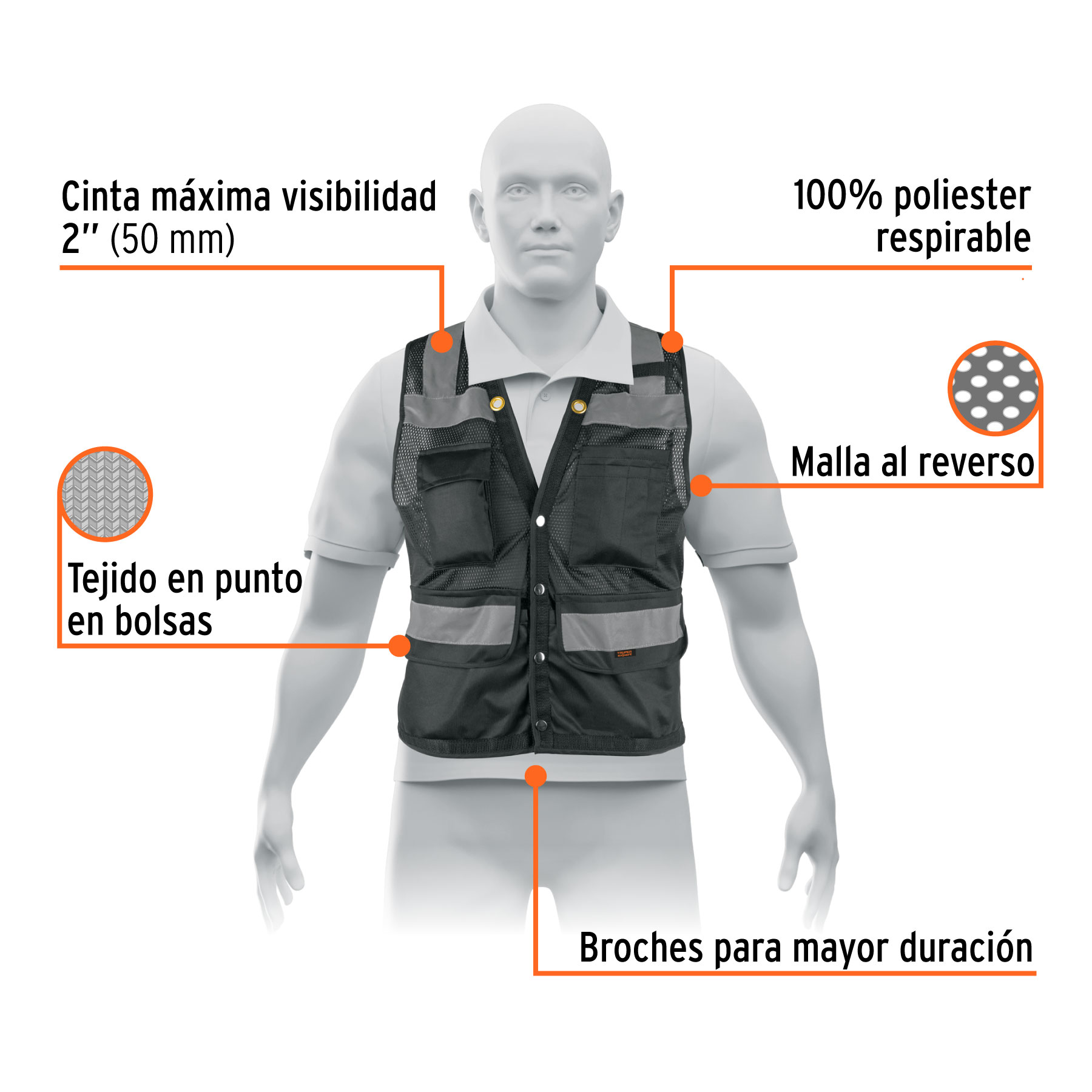 Chaleco seguridad reforzado negro con bolsas, EG, EXPERT - Imagen 2