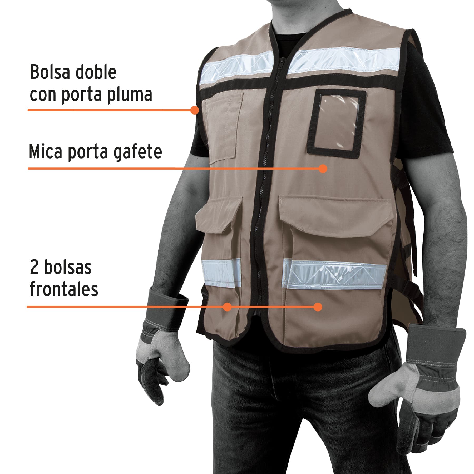 Chaleco brigadista con cintas reflejantes, color beige - Imagen 3