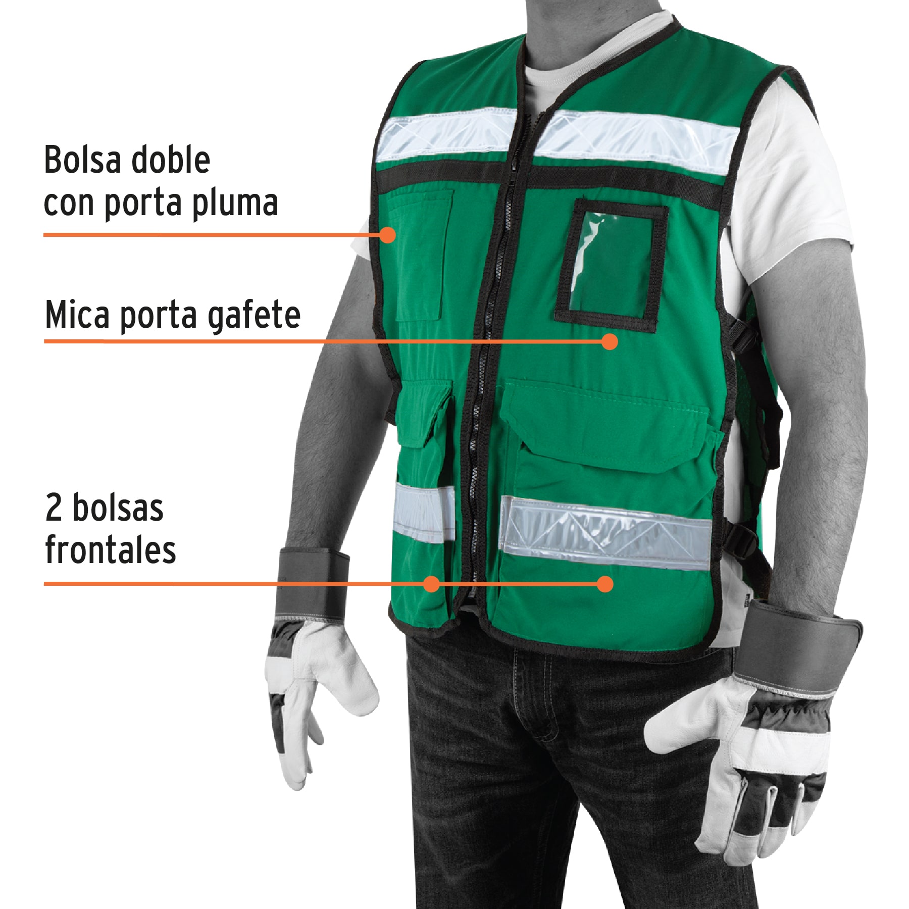Chaleco brigadista con cintas reflejantes, color verde - Imagen 3