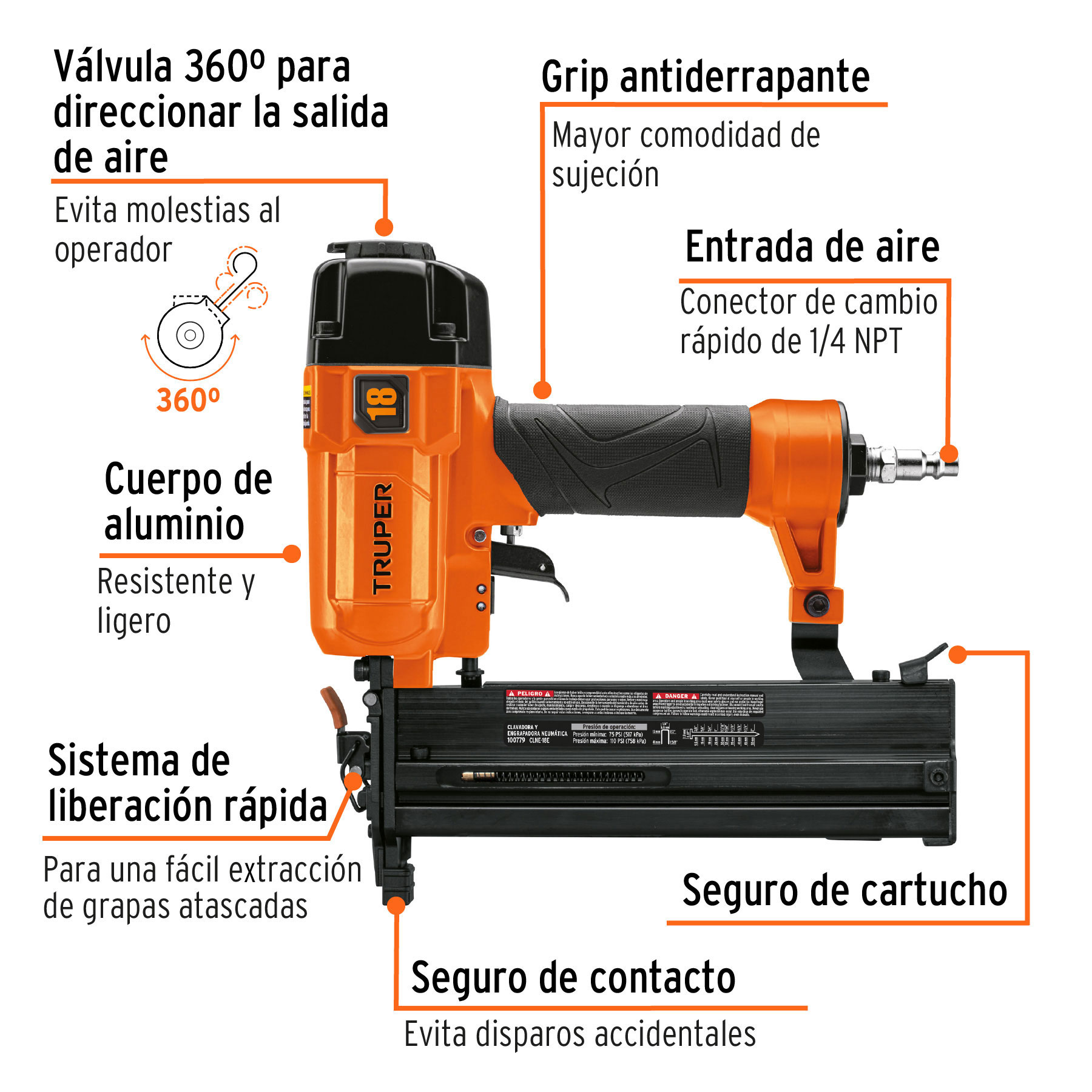 Clavadora y engrapadora neumática profesional, calibre 18 - Imagen 2