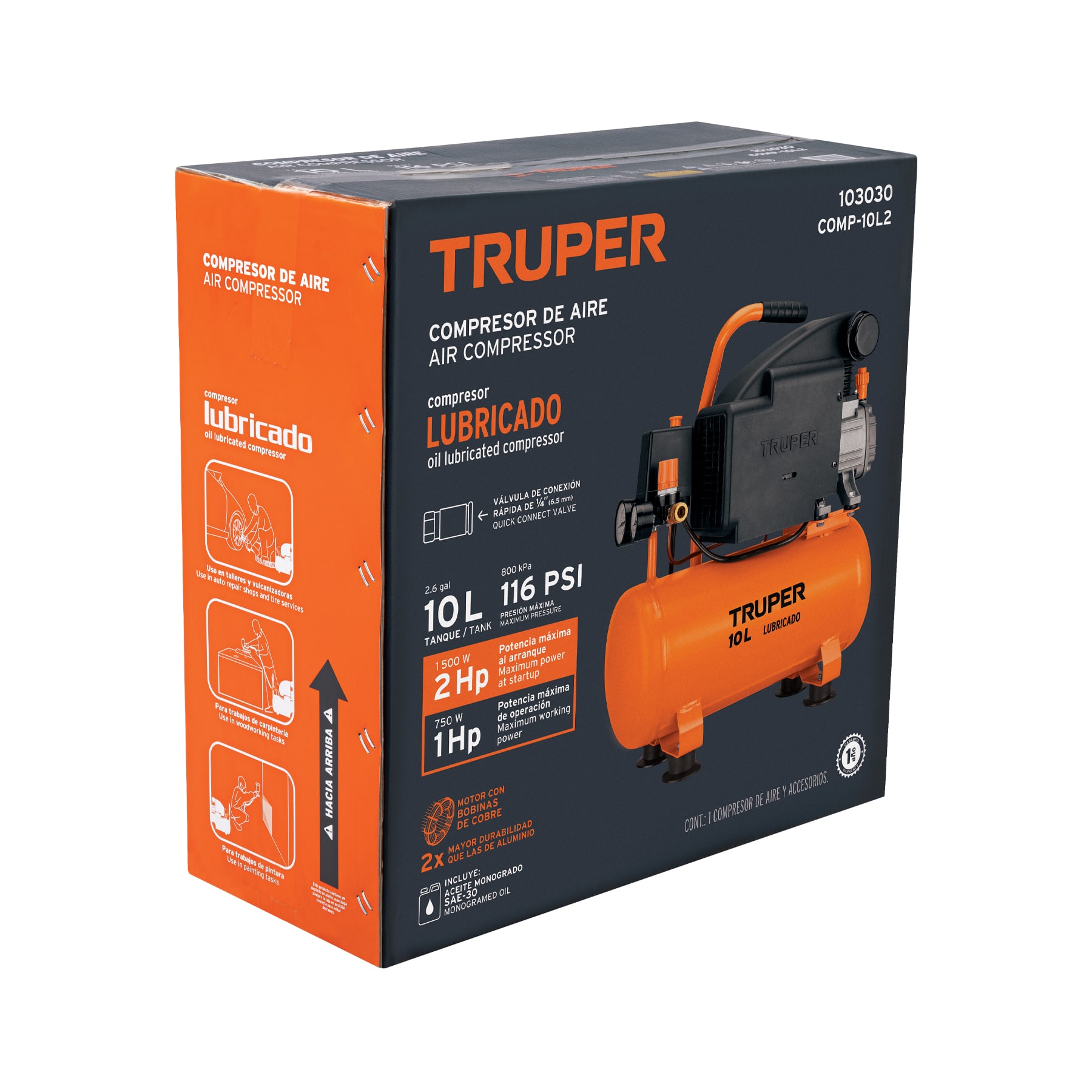 Compresor lubricado, 10L, 2 HP, horizontal, 127V, TRUPER - Imagen 3
