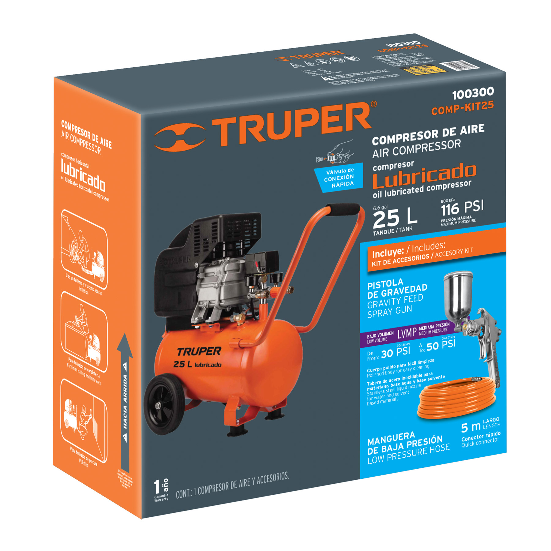 Kit Compresor lub, 25L, manguera y pistola grav,127V, TRUPER - Imagen 3