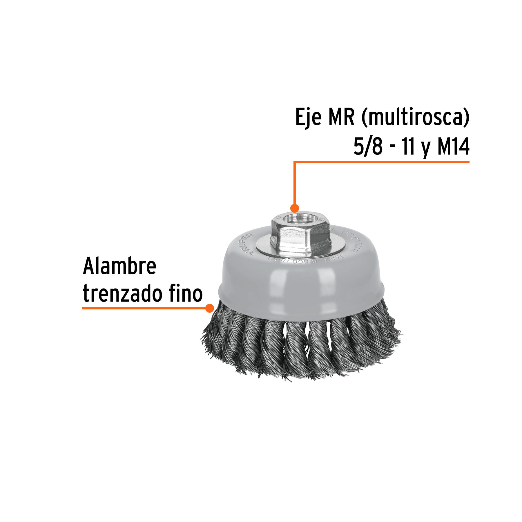 Carda copa 4' alambre trenzado fino, Multi-rosca, TRUPER - Imagen 2