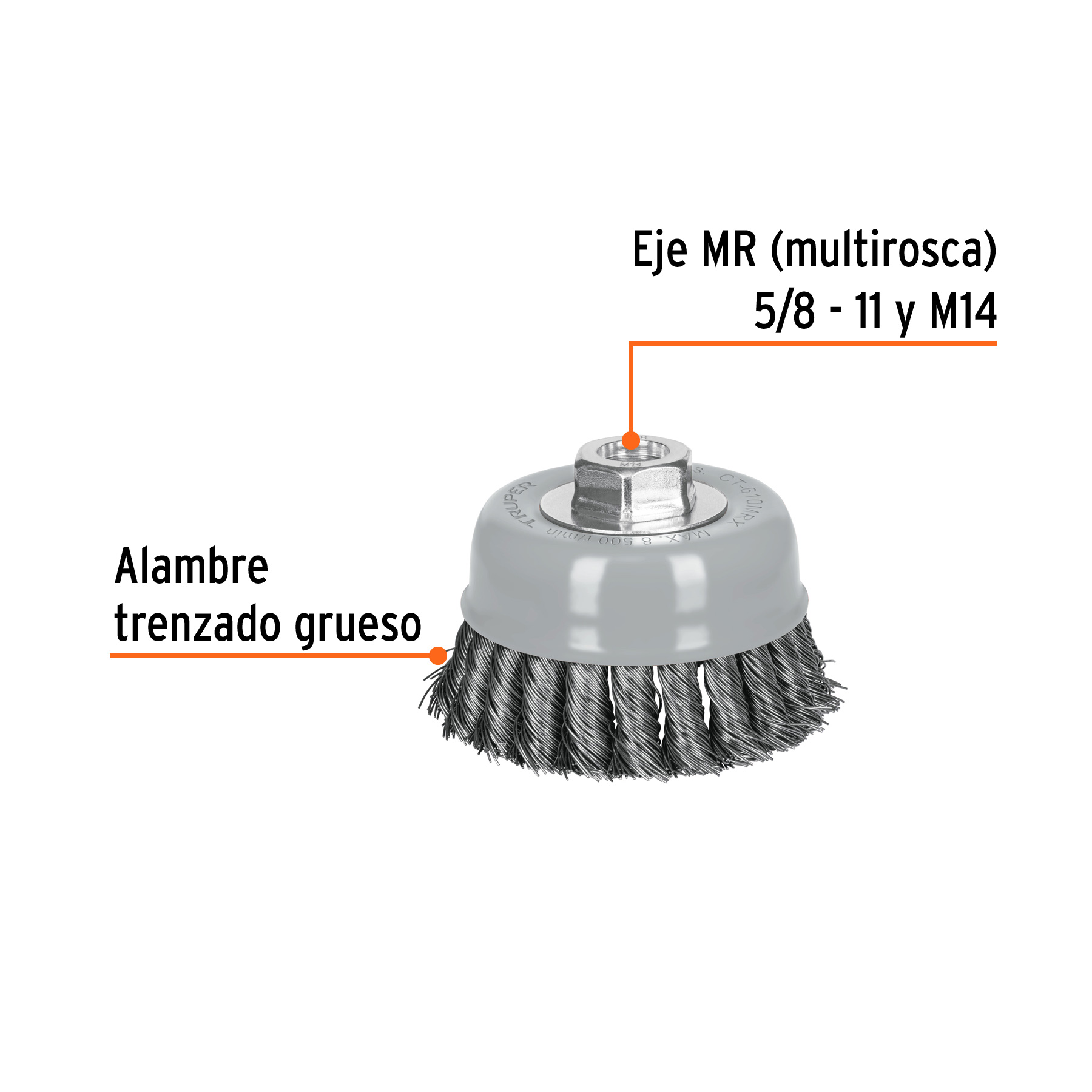 Carda copa 4' alambre trenzado grueso, Multi-rosca, TRUPER - Imagen 2