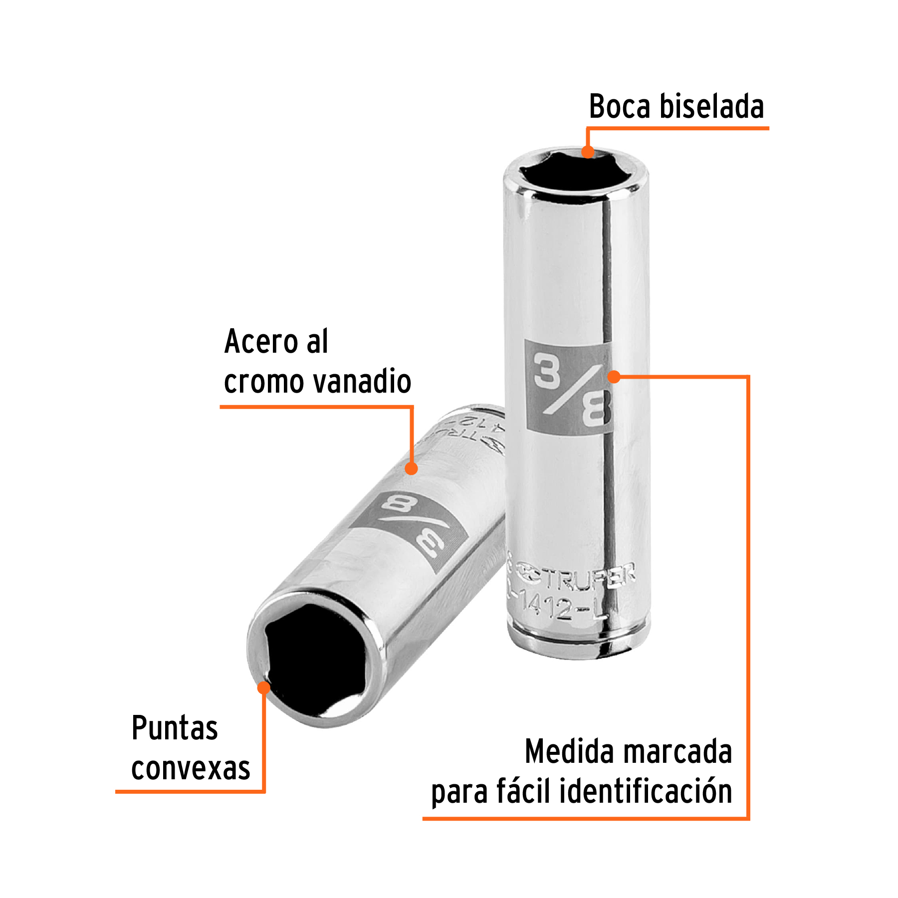 Dado largo de 3/8', 6 puntas, cuadro 1/4', TRUPER - Imagen 2