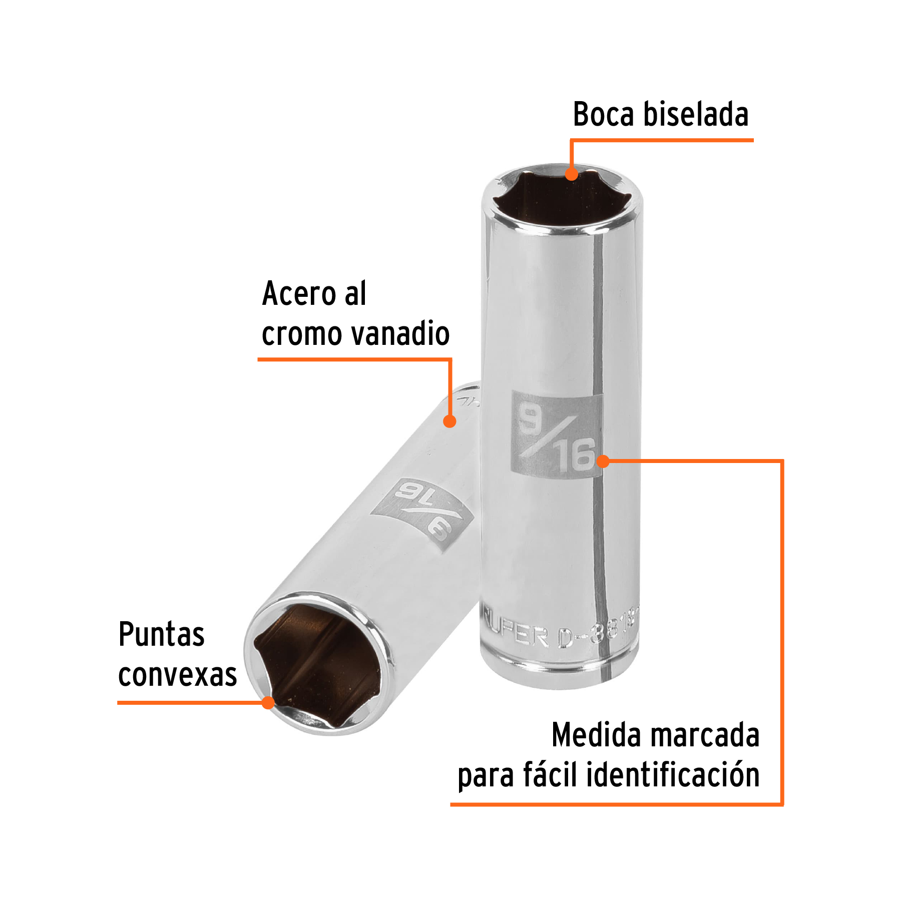 Dado largo de 9/16', 6 puntas, cuadro 3/8', TRUPER - Imagen 2