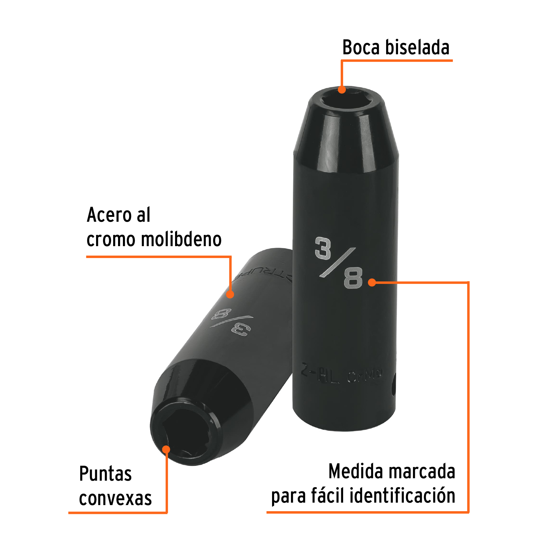 Dado largo impacto de 3/8', 6 puntas, cuadro 1/2', TRUPER - Imagen 2