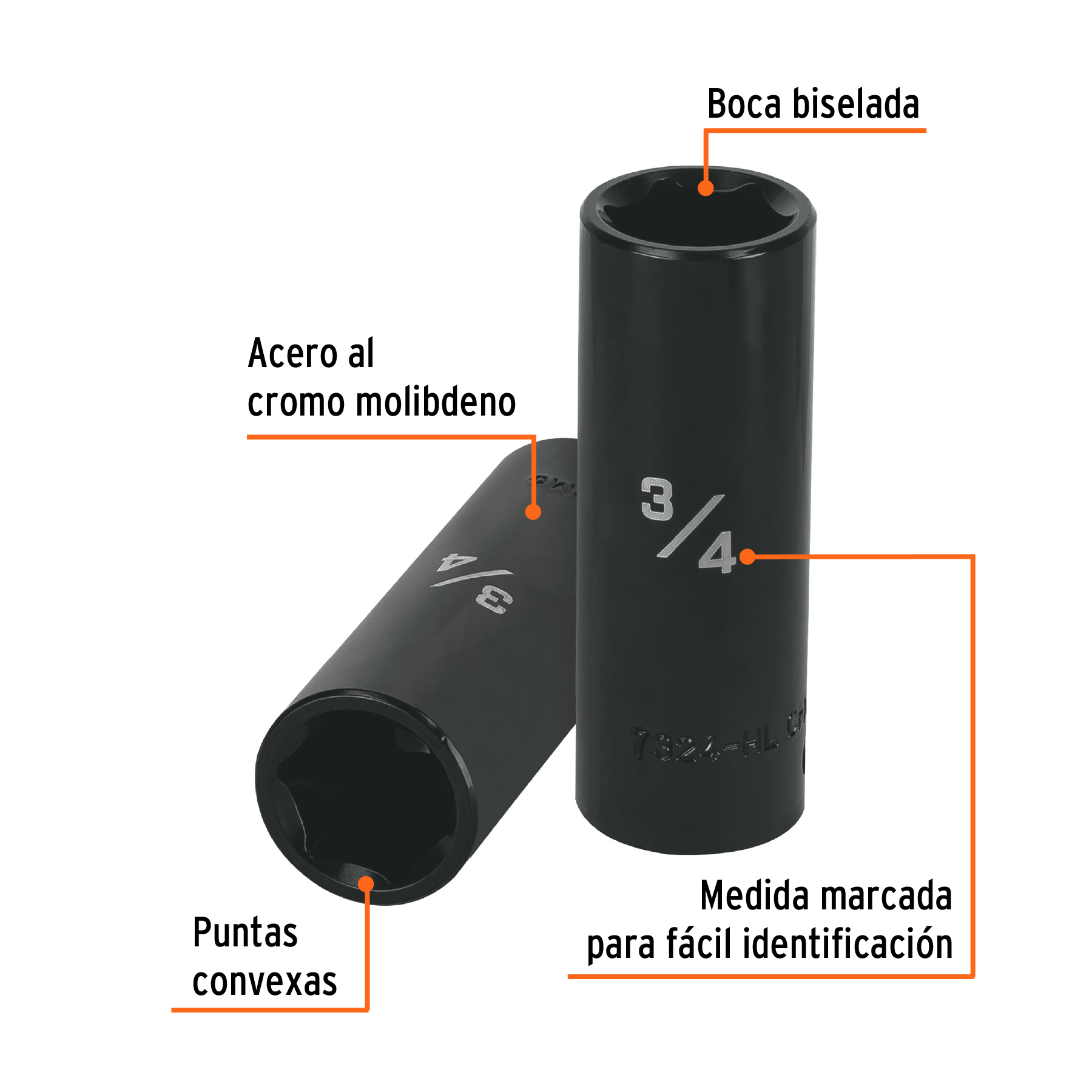 Dado largo impacto de 3/4', 6 puntas, cuadro 1/2', TRUPER - Imagen 2