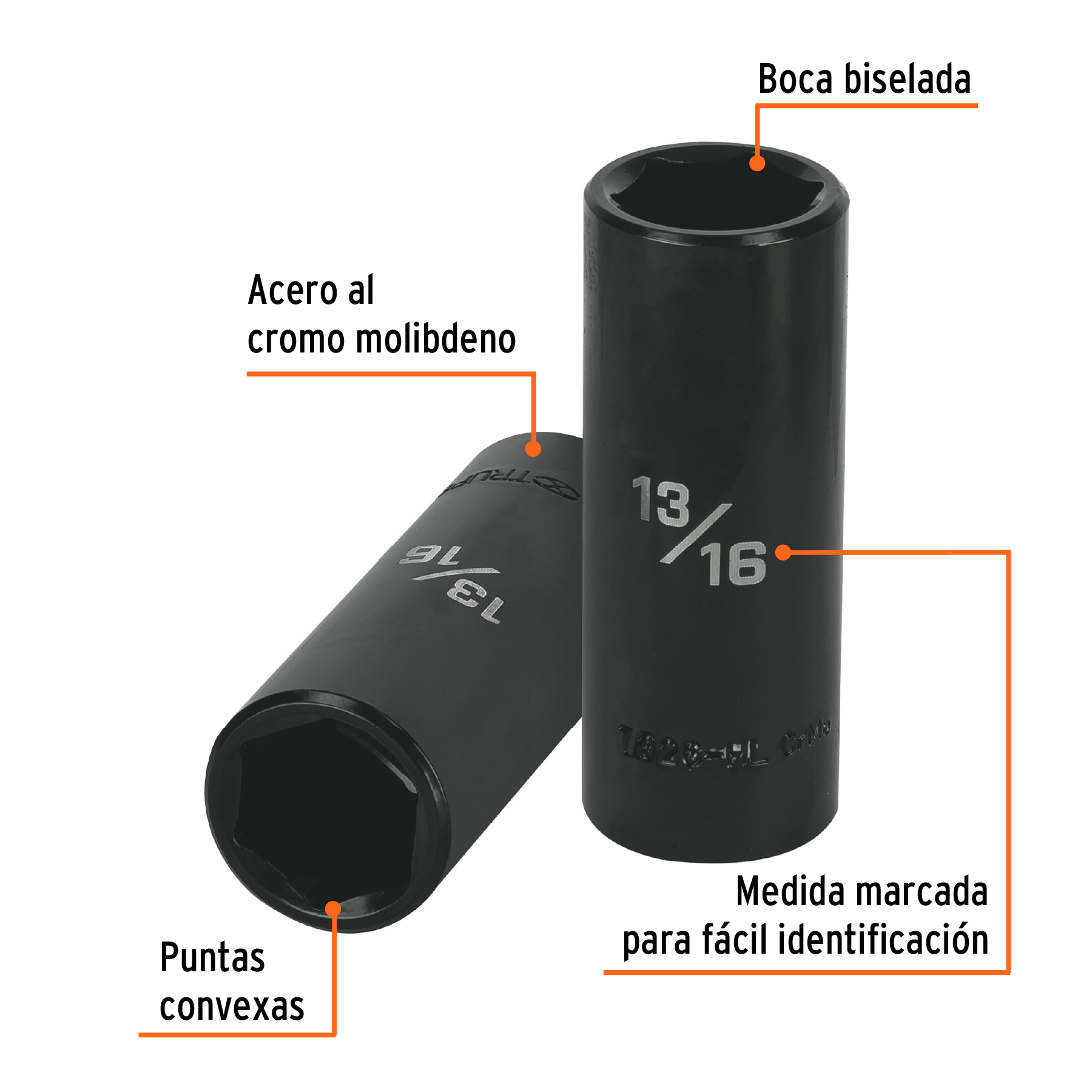 Dado largo impacto de 13/16', 6 puntas, cuadro 1/2', TRUPER - Imagen 2