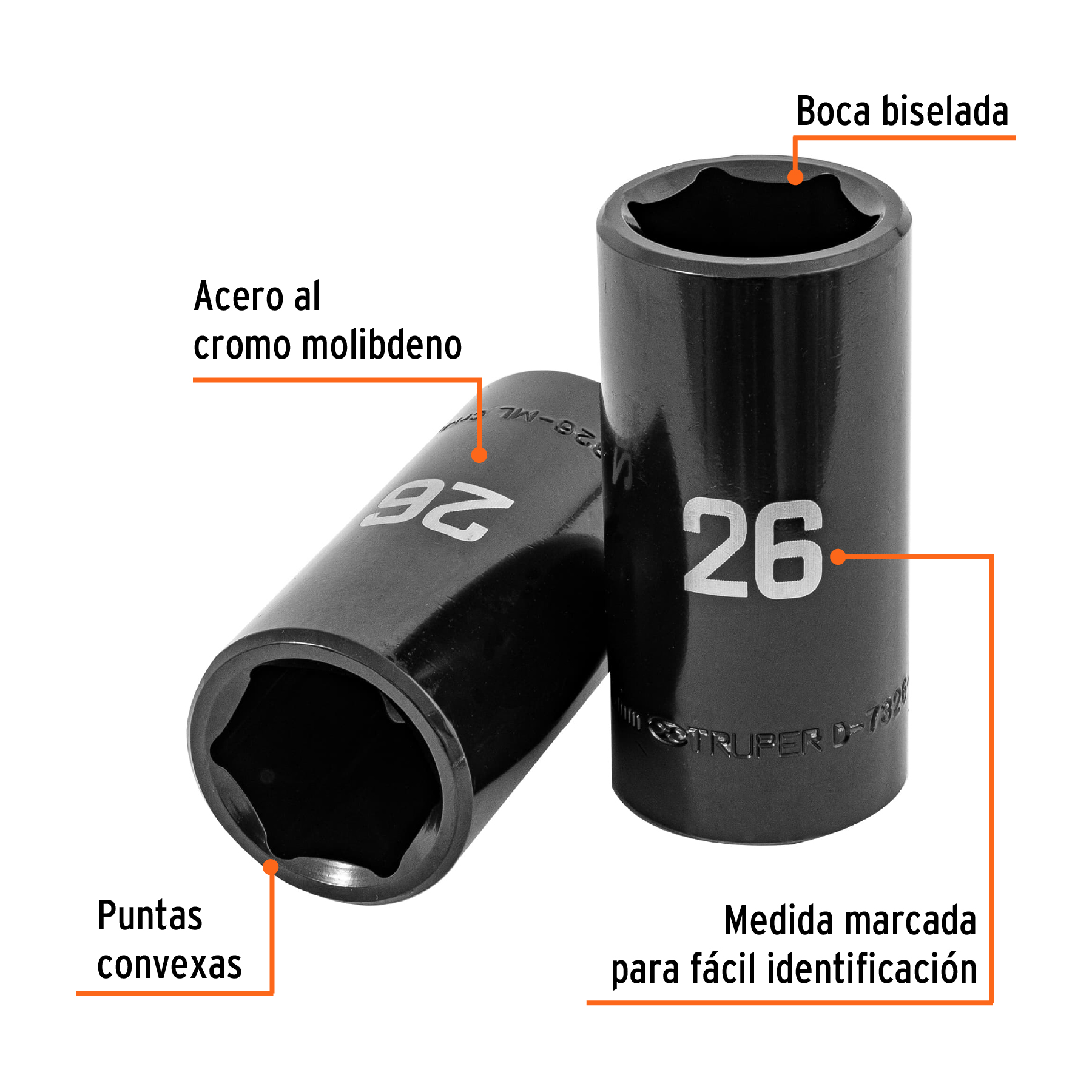 Dado largo impacto de 26 mm, 6 puntas, cuadro 1/2', TRUPER - Imagen 2