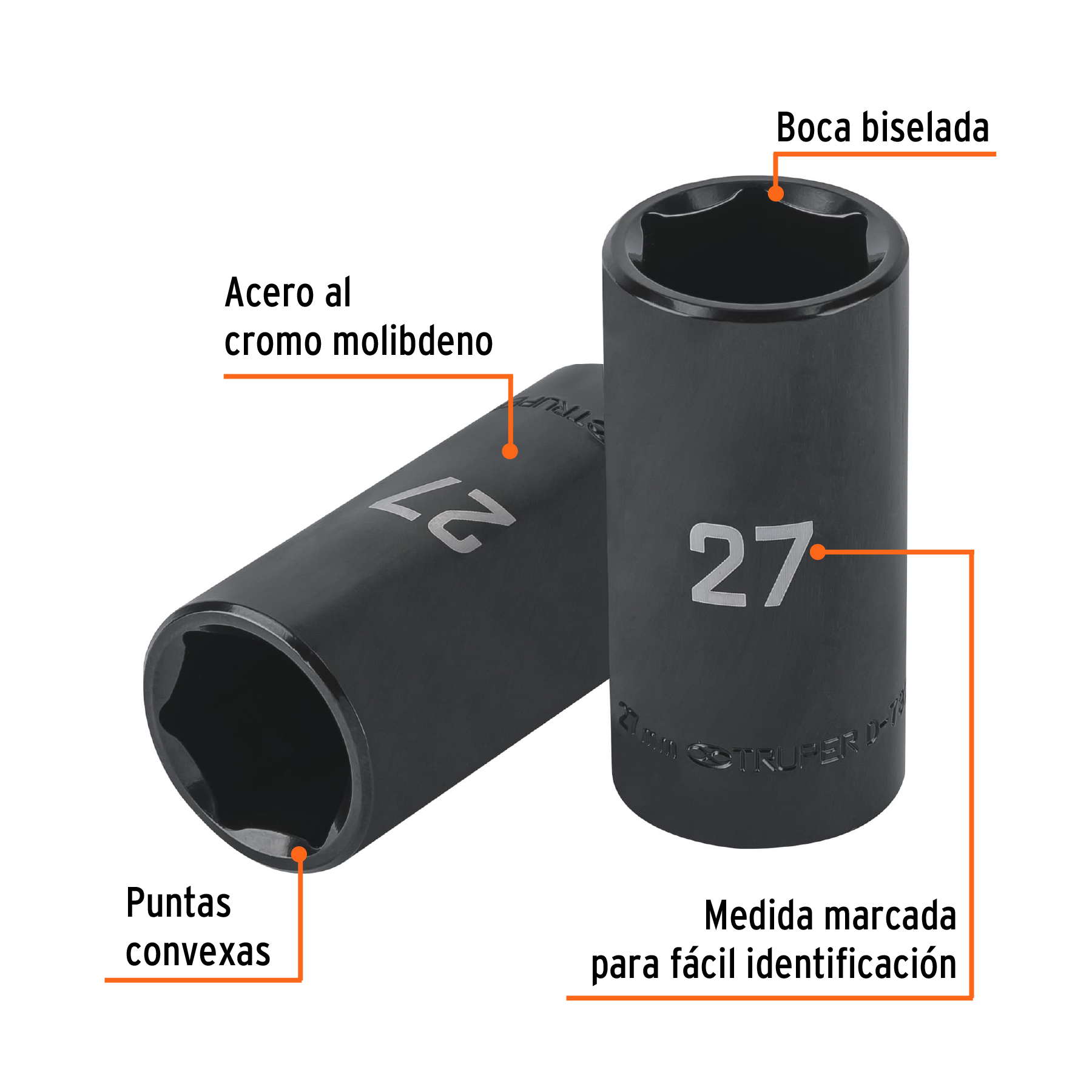 Dado largo impacto de 27 mm, 6 puntas, cuadro 1/2', TRUPER - Imagen 2
