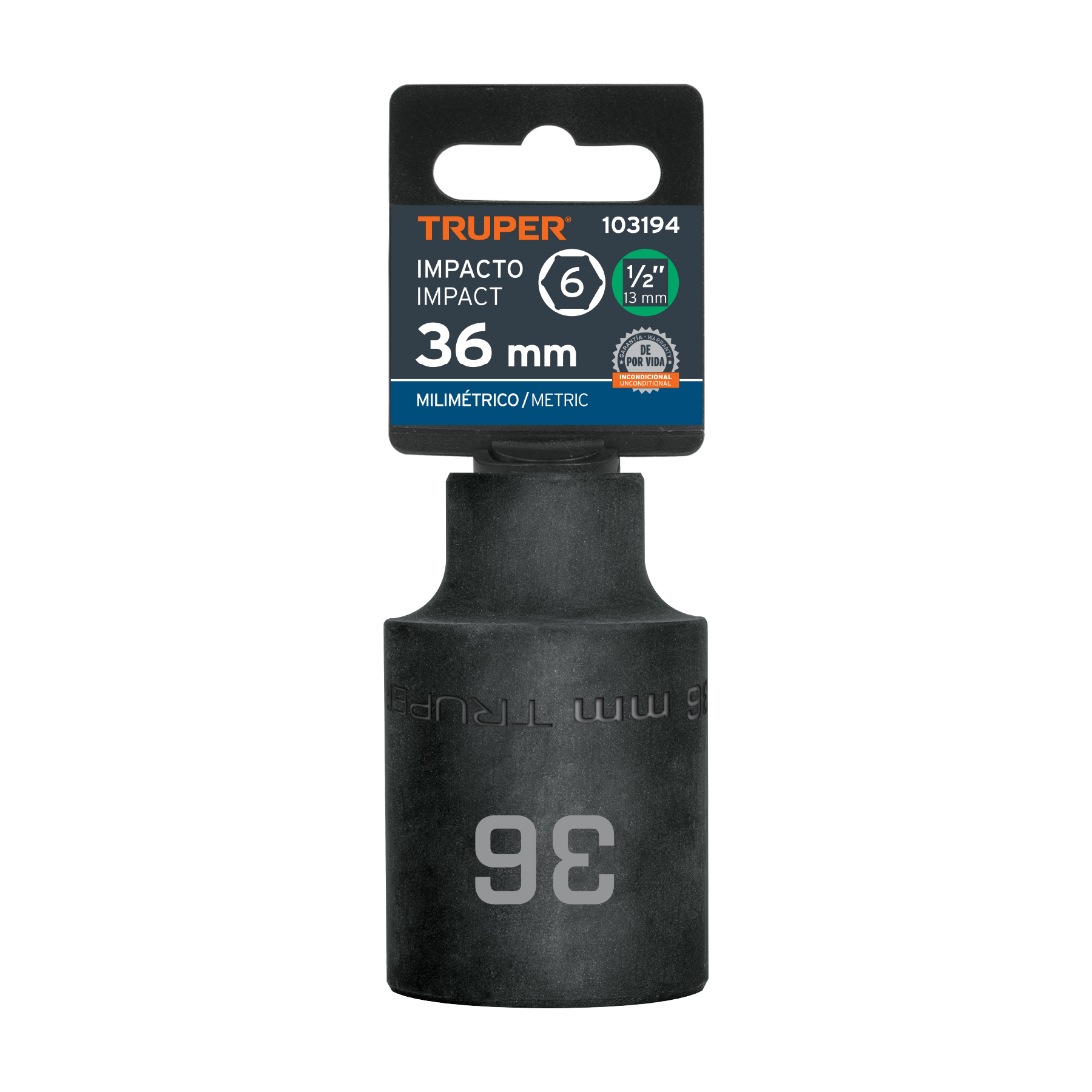 Dado largo impacto de 36 mm, 6 puntas, cuadro 1/2', TRUPER - Imagen 4