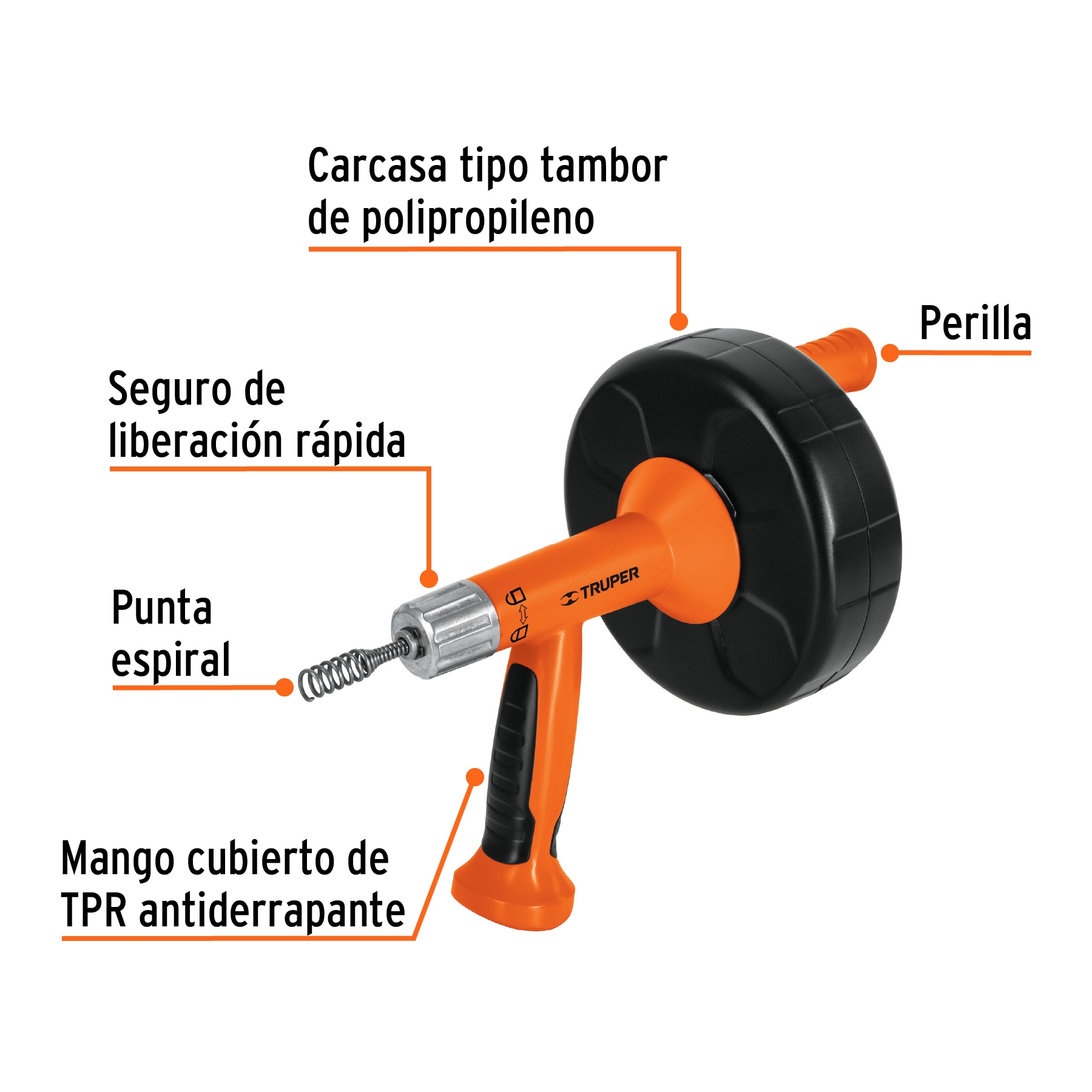 Destapacaños de 7.6 m para taladro, con mango, TRUPER - Imagen 2