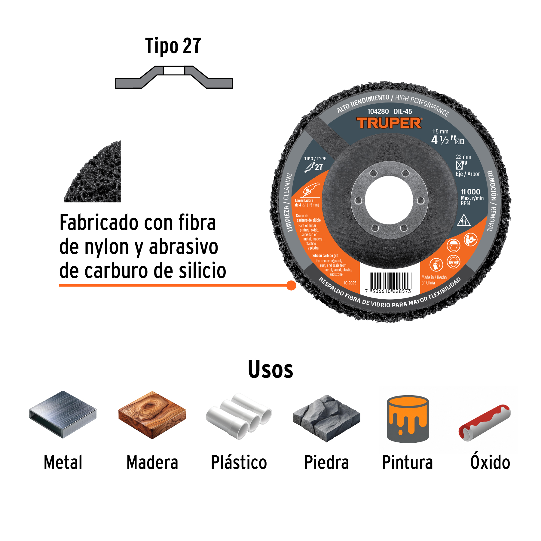 Disco removedor / limpieza 4-1/2" centro 7/8", TRUPER - Imagen 2