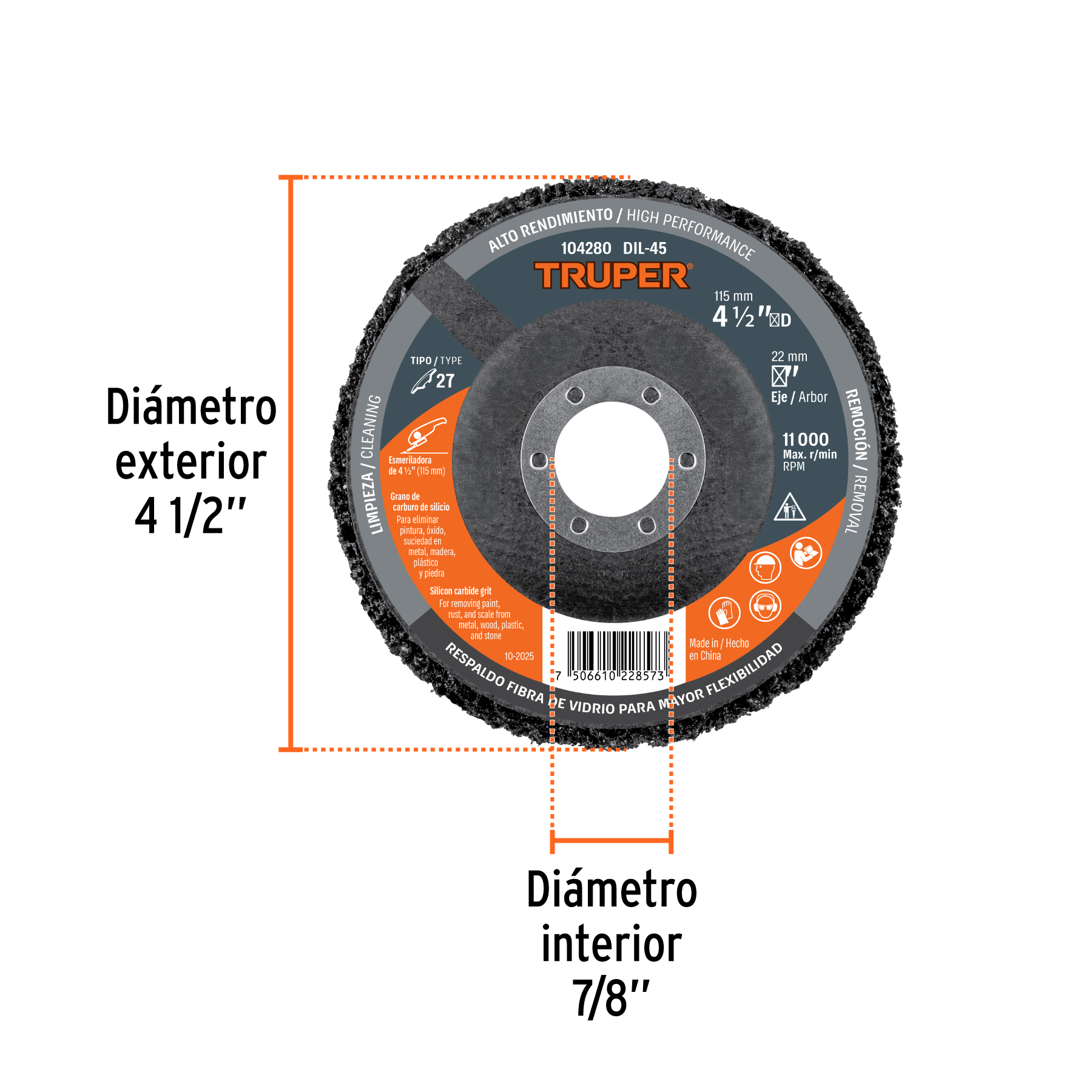 Disco removedor / limpieza 4-1/2" centro 7/8", TRUPER - Imagen 3