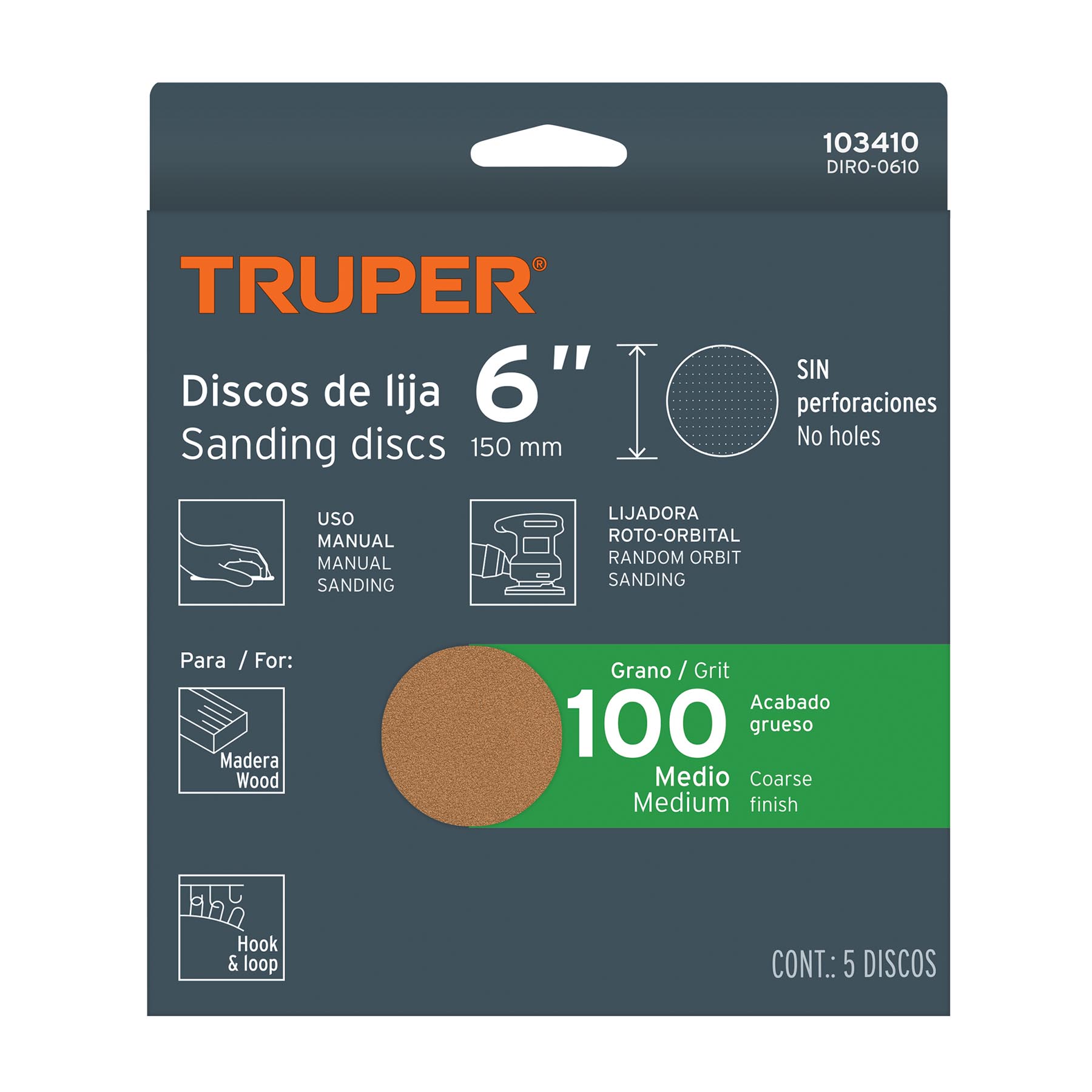 Paquete con 5 discos de lija 6' grano 100, ciegos, TRUPER - Imagen 4