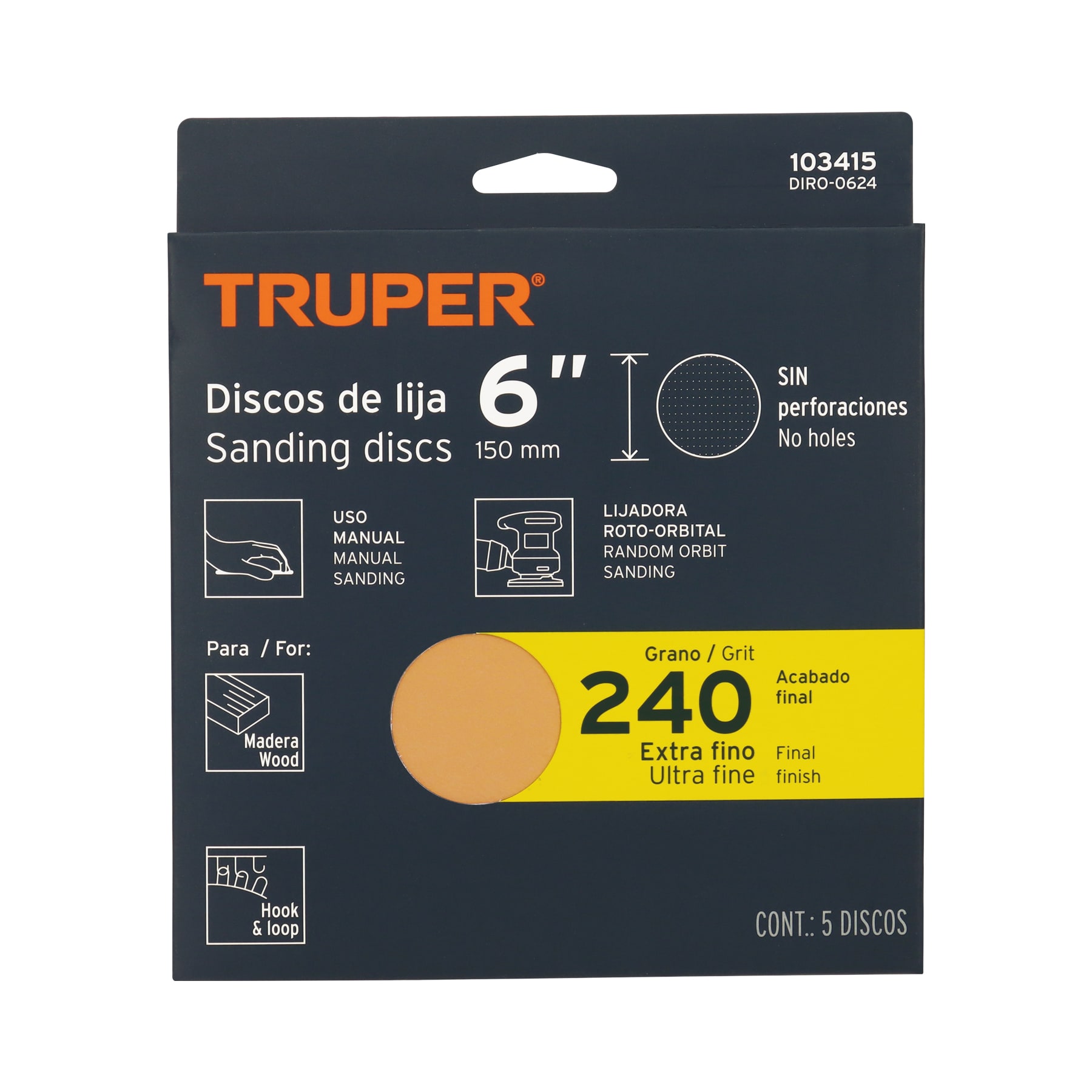 Paquete con 5 discos de lija 6' grano 240, ciegos, TRUPER - Imagen 4