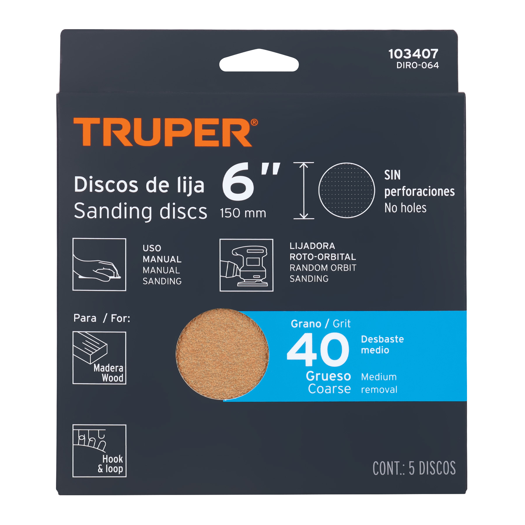 Paquete con 5 discos de lija 6' grano 40, ciegos, TRUPER - Imagen 4