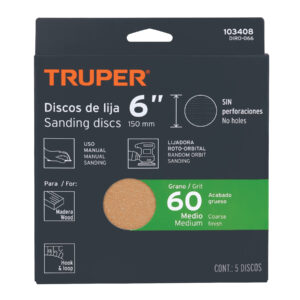 Paquete con 5 discos de lija 6' grano 60, ciegos, TRUPER - Imagen 4