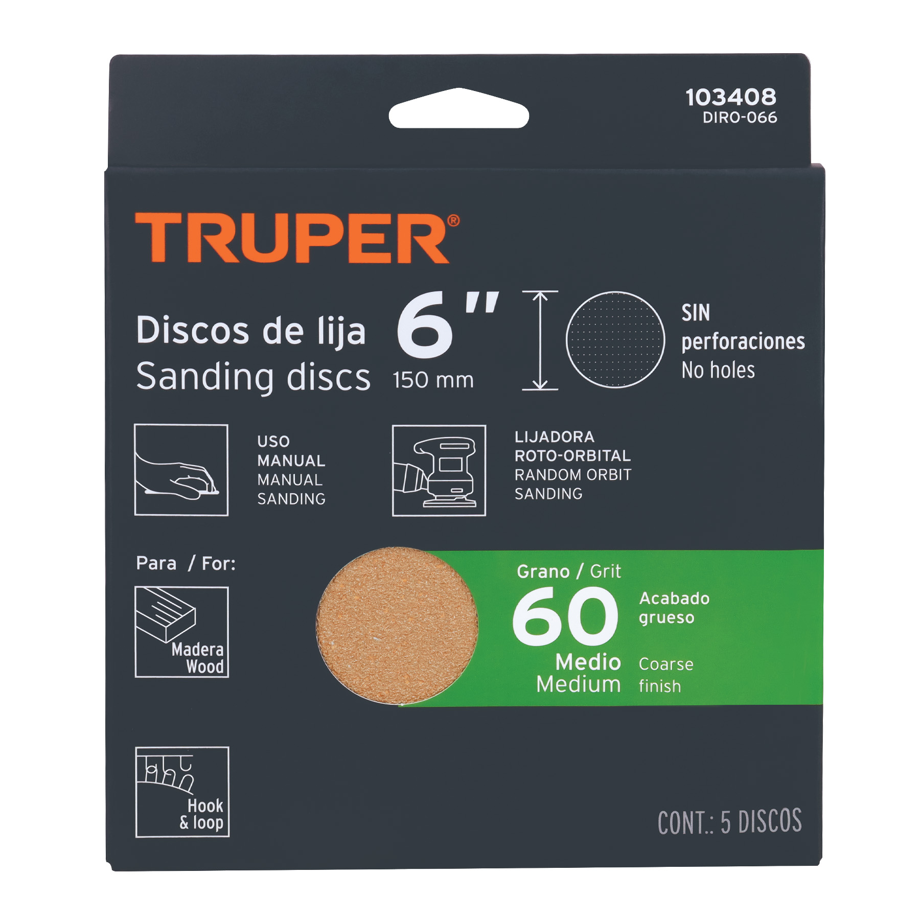 Paquete con 5 discos de lija 6' grano 60, ciegos, TRUPER - Imagen 4