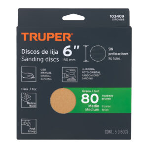 Paquete con 5 discos de lija 6' grano 80, ciegos, TRUPER - Imagen 4