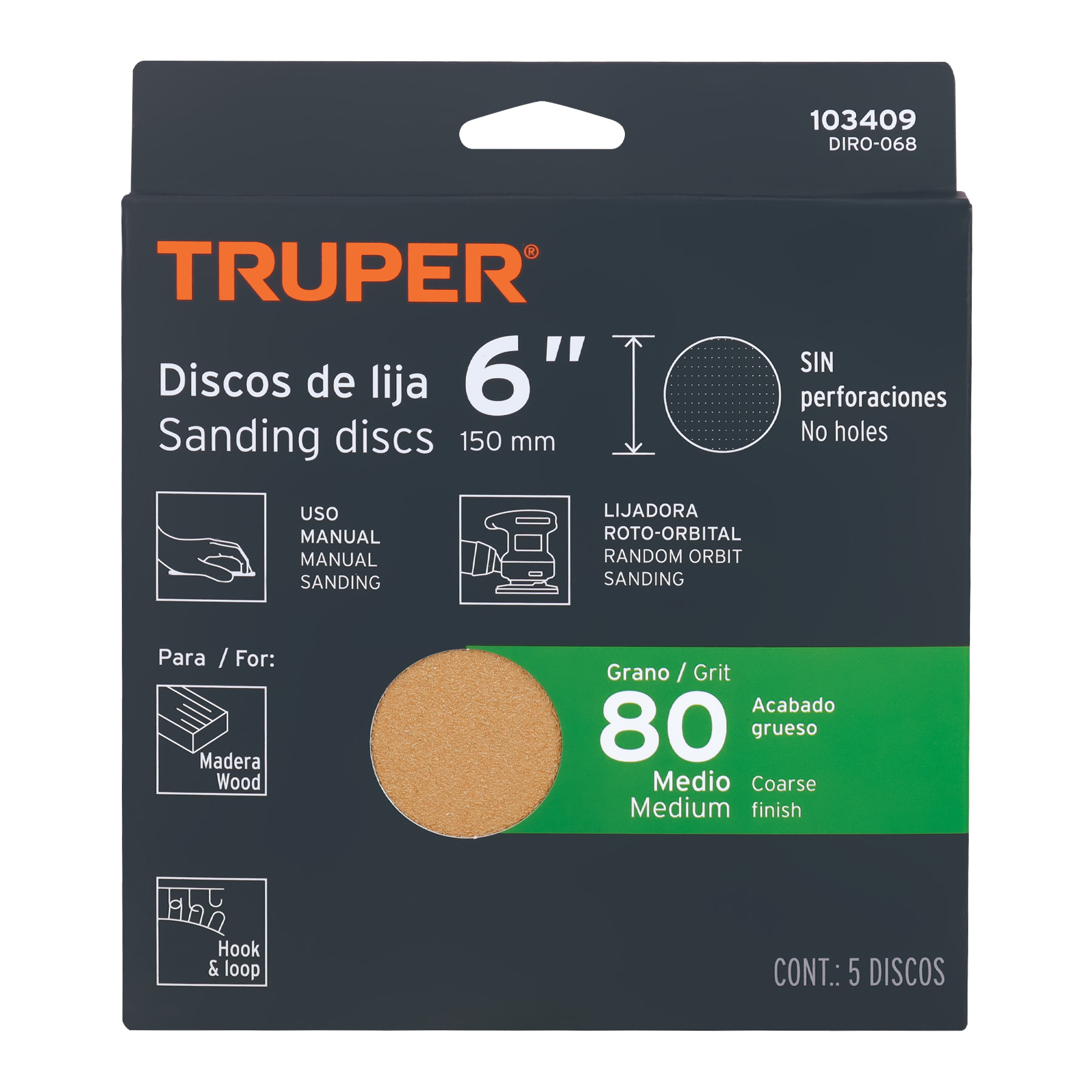 Paquete con 5 discos de lija 6' grano 80, ciegos, TRUPER - Imagen 4