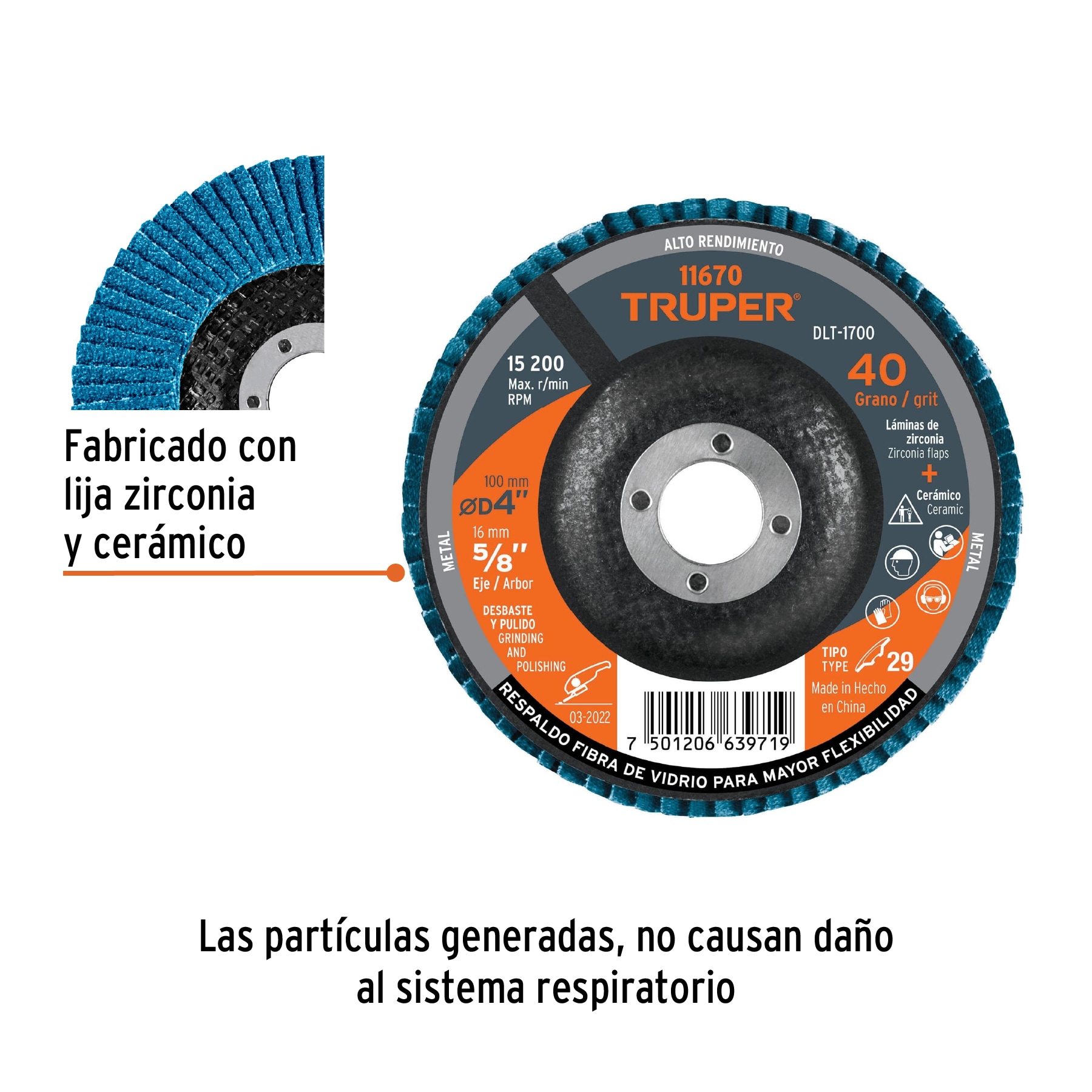 Disco laminado 4', grano 40 centro 5/8', fibra, TRUPER - Imagen 2