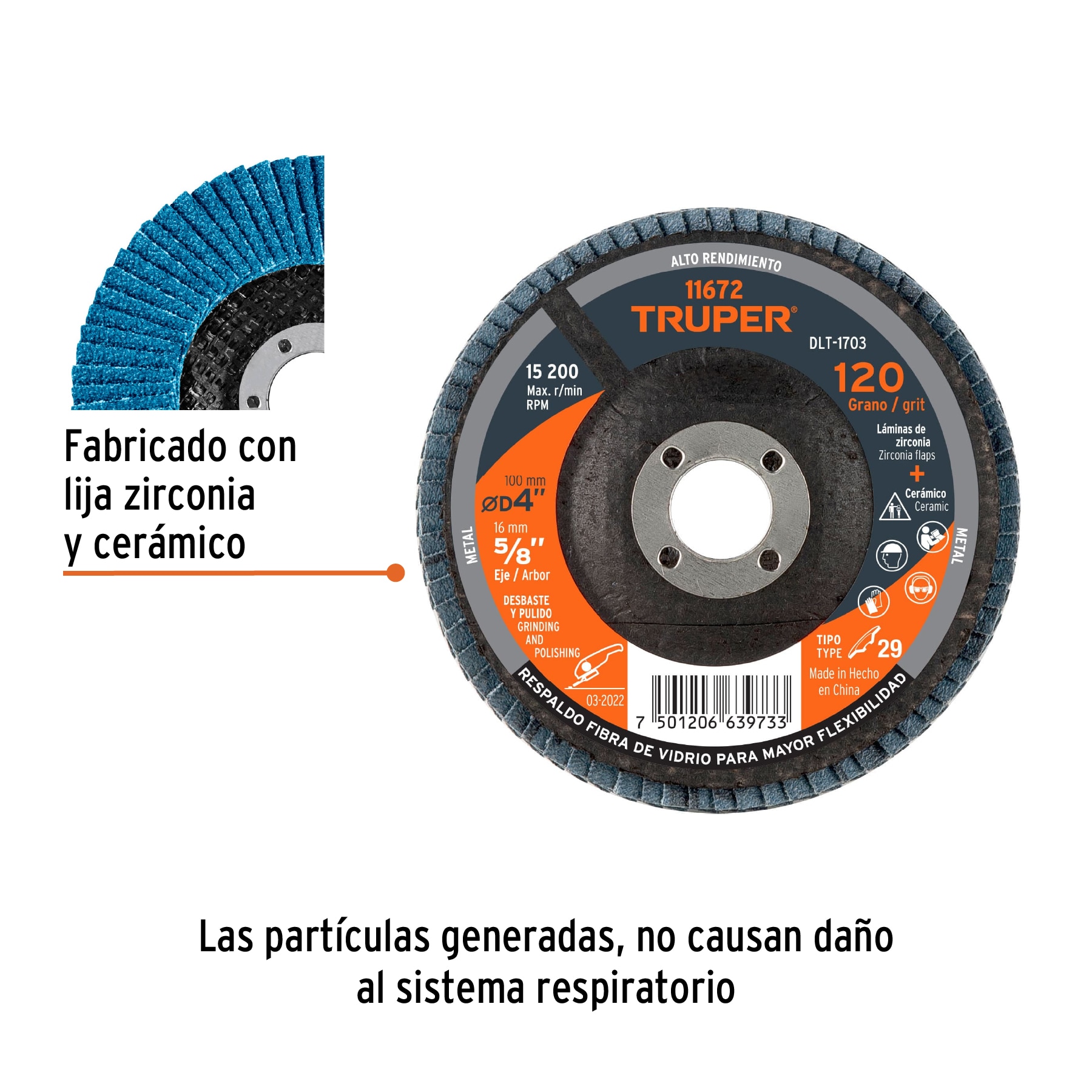 Disco laminado 4', grano 120 centro 5/8', fibra, TRUPER - Imagen 2