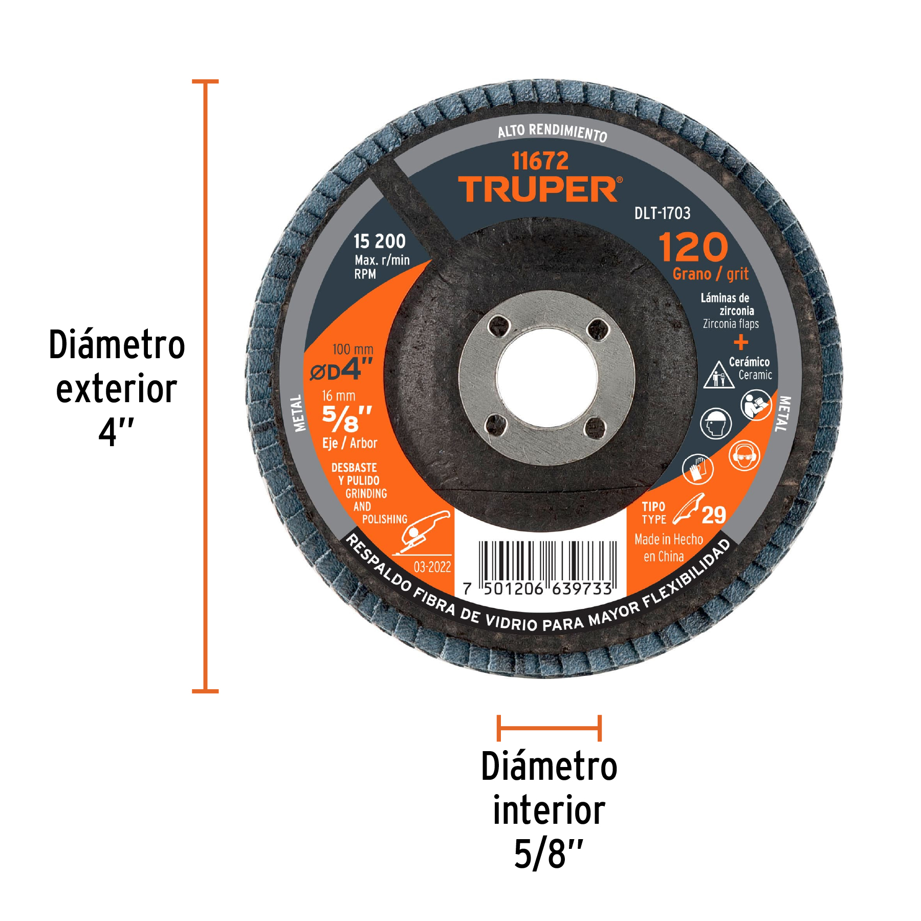 Disco laminado 4', grano 120 centro 5/8', fibra, TRUPER - Imagen 3