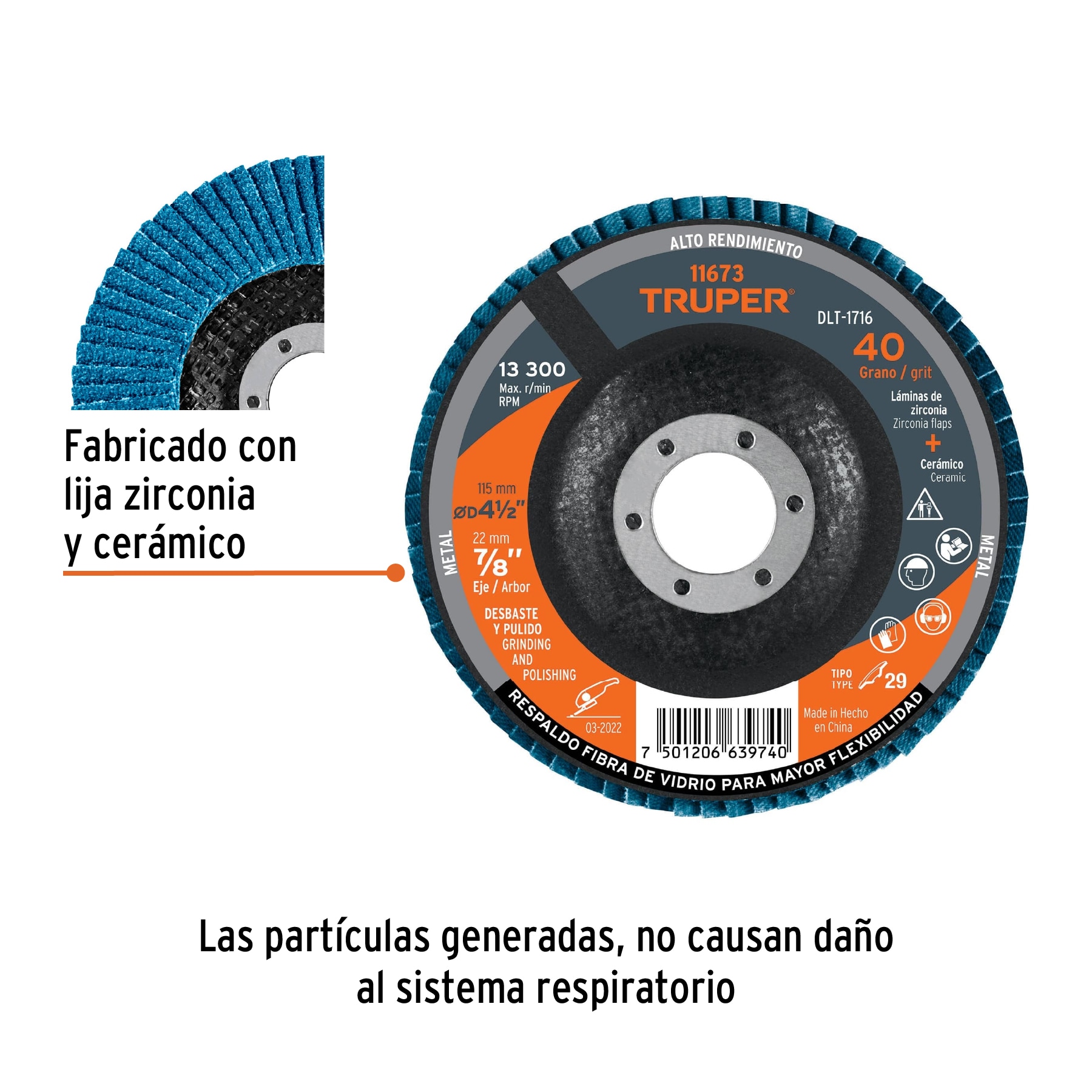 Disco laminado 4-1/2', grano 40 centro 7/8', fibra, TRUPER - Imagen 2