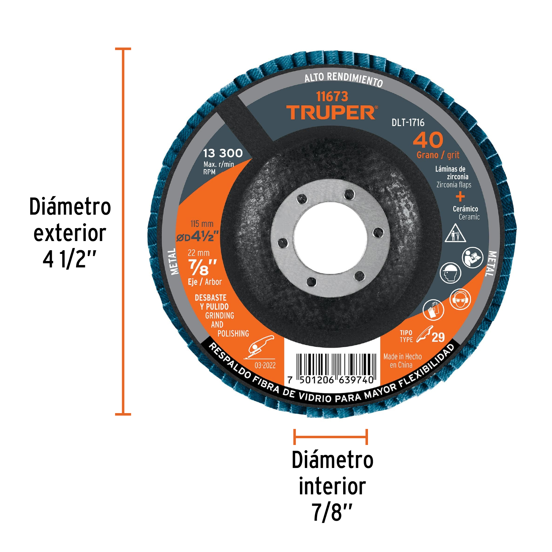 Disco laminado 4-1/2', grano 40 centro 7/8', fibra, TRUPER - Imagen 3