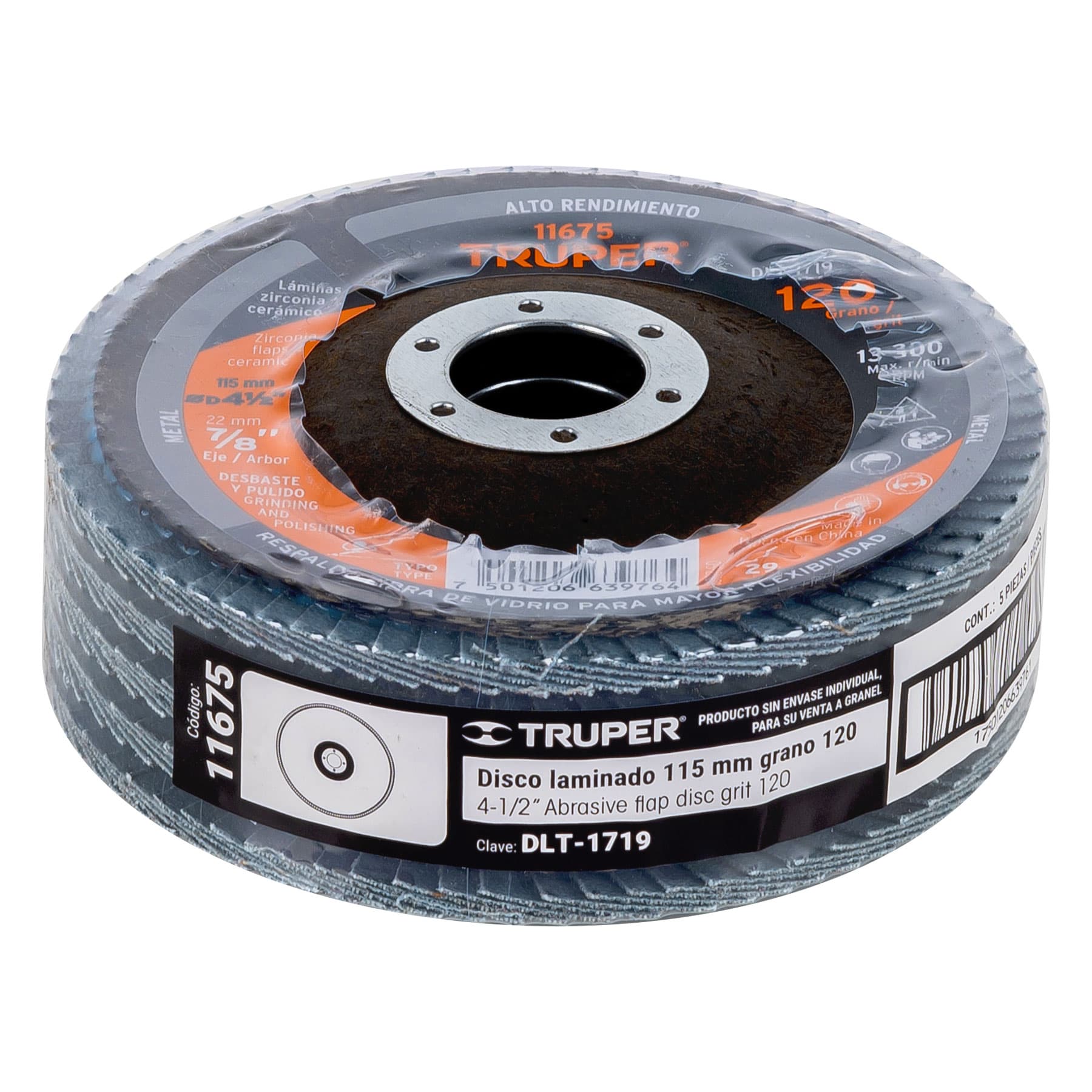 Disco laminado 4-1/2', grano 120 centro 7/8', fibra, TRUPER - Imagen 4