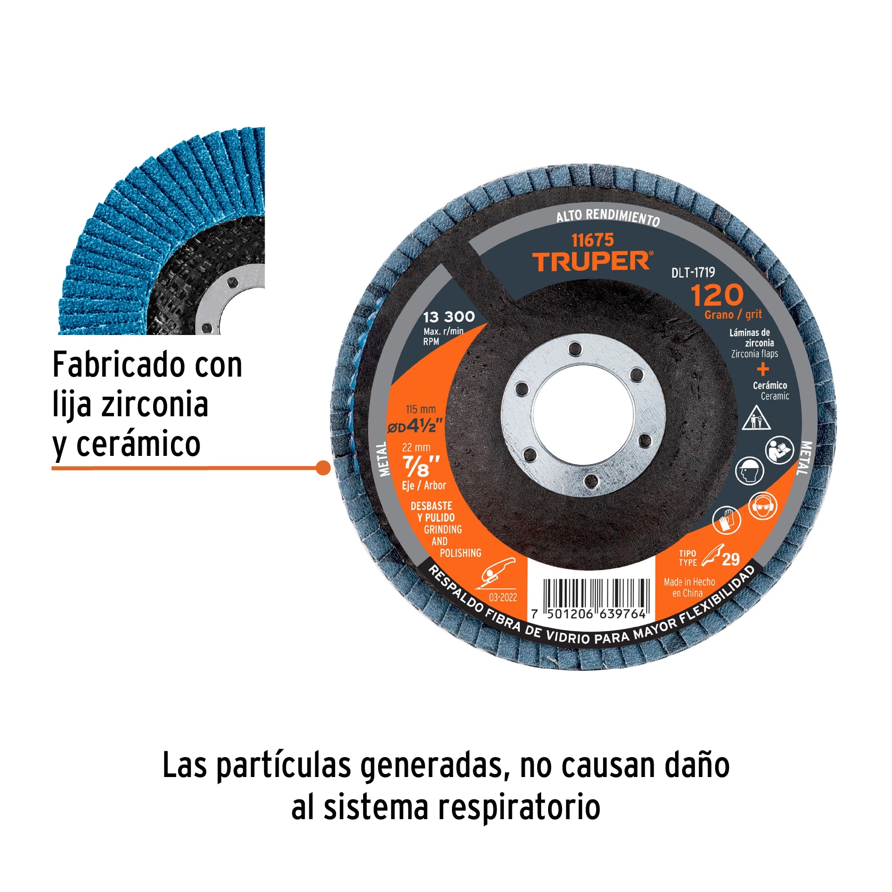 Disco laminado 4-1/2', grano 120 centro 7/8', fibra, TRUPER - Imagen 2