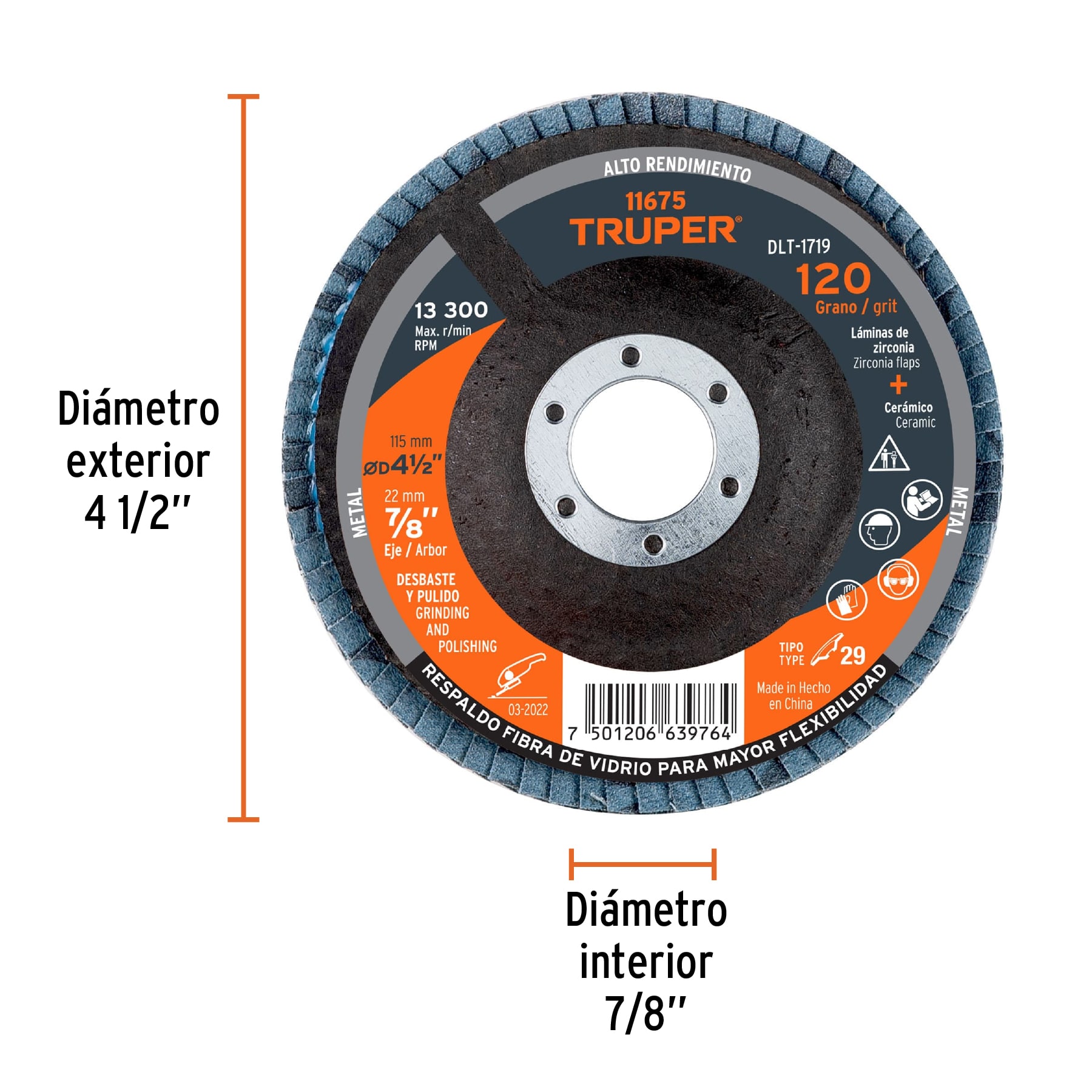 Disco laminado 4-1/2', grano 120 centro 7/8', fibra, TRUPER - Imagen 3