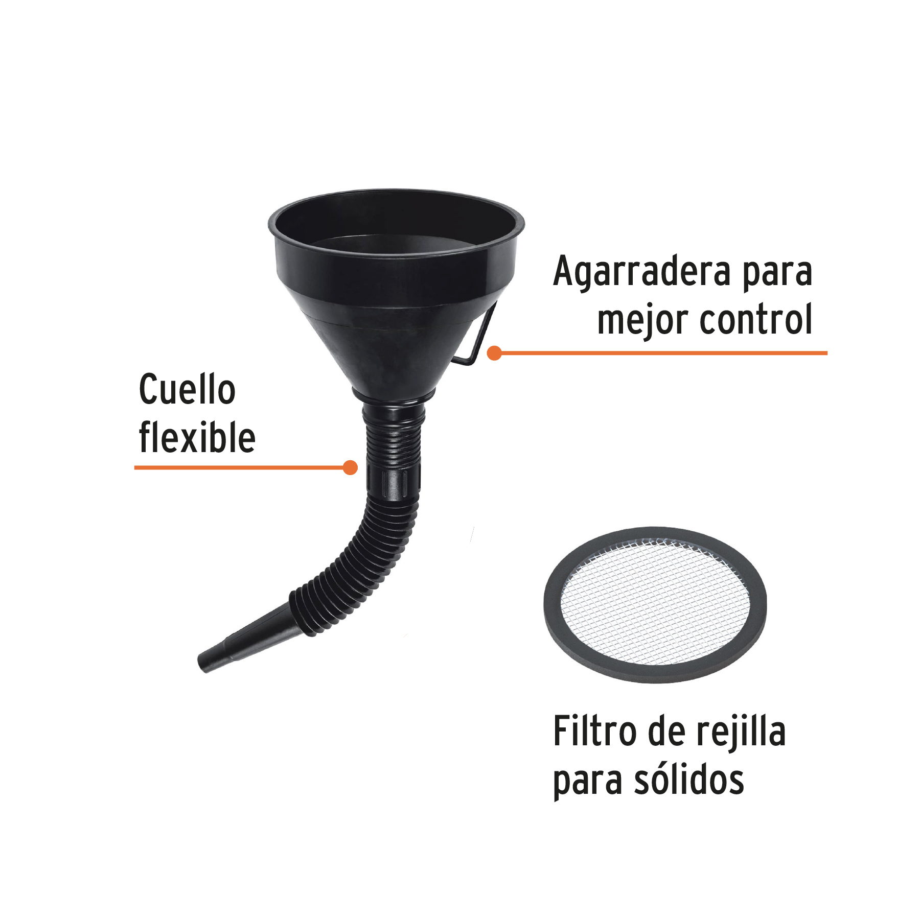 Embudo plástico 500 ml, cuello flexible con filtro, TRUPER - Imagen 2