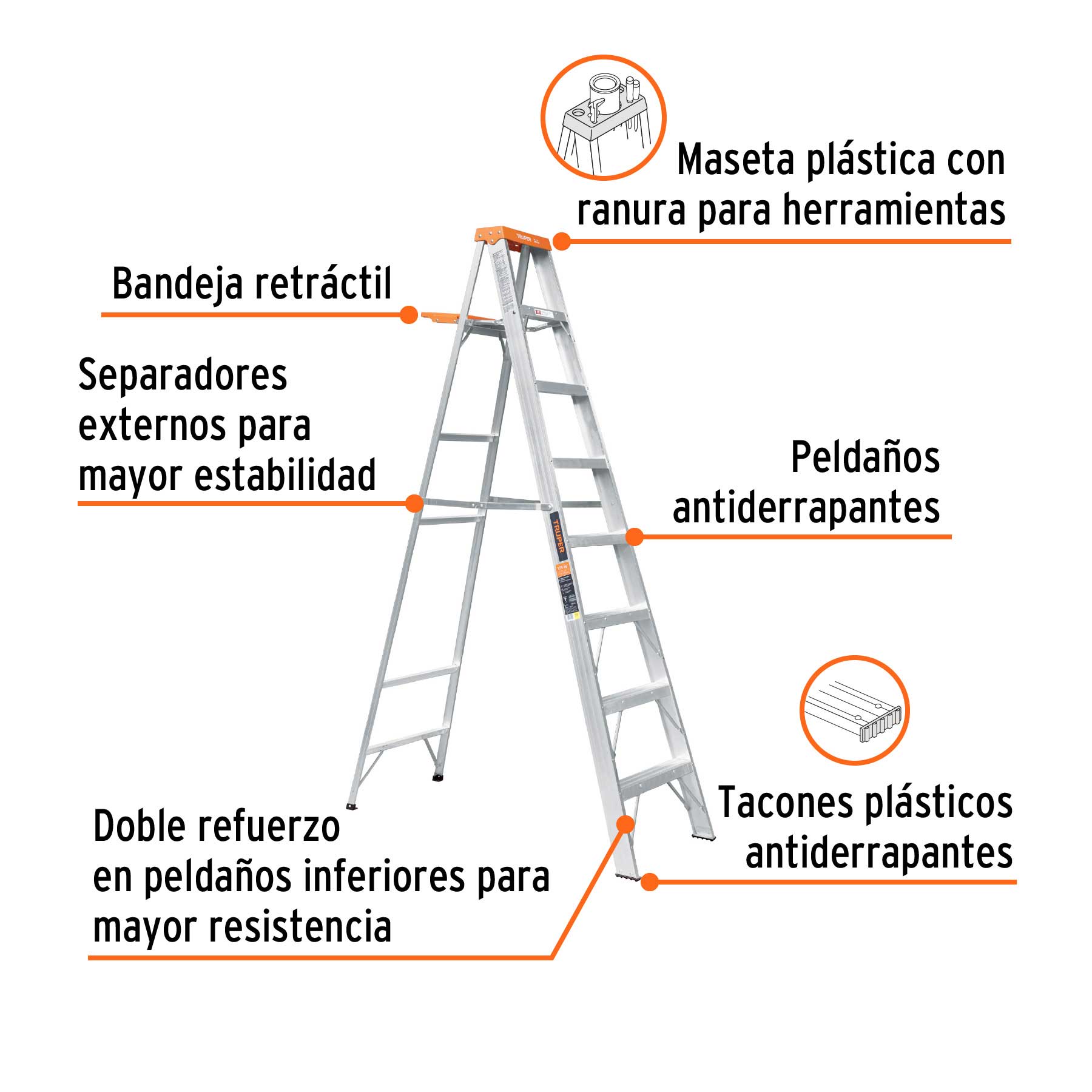 Escalera de tijera tipo II 7 peldaños y bandeja, TRUPER - Imagen 2
