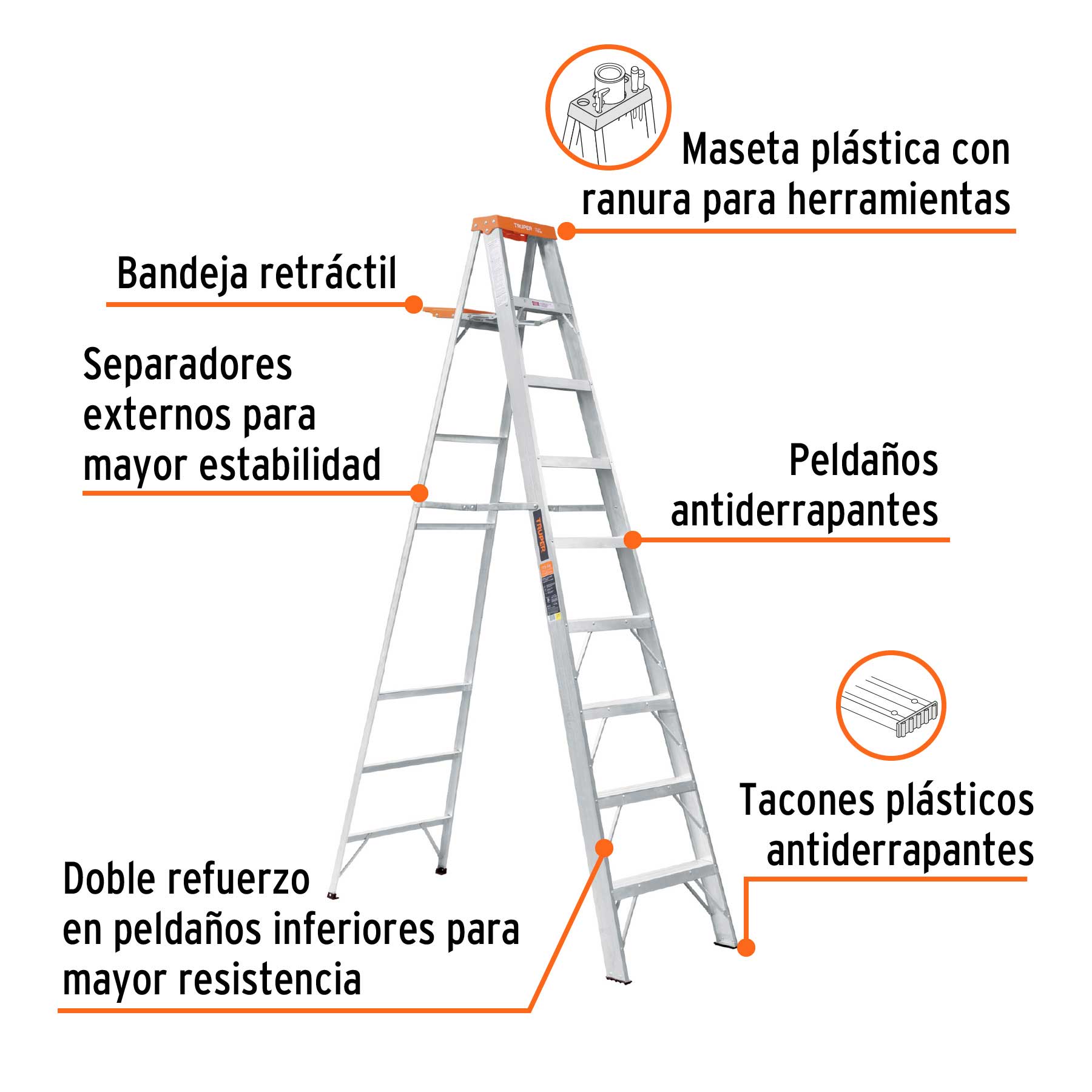 Escalera de tijera tipo ll 8 peldaños y bandeja, TRUPER - Imagen 2