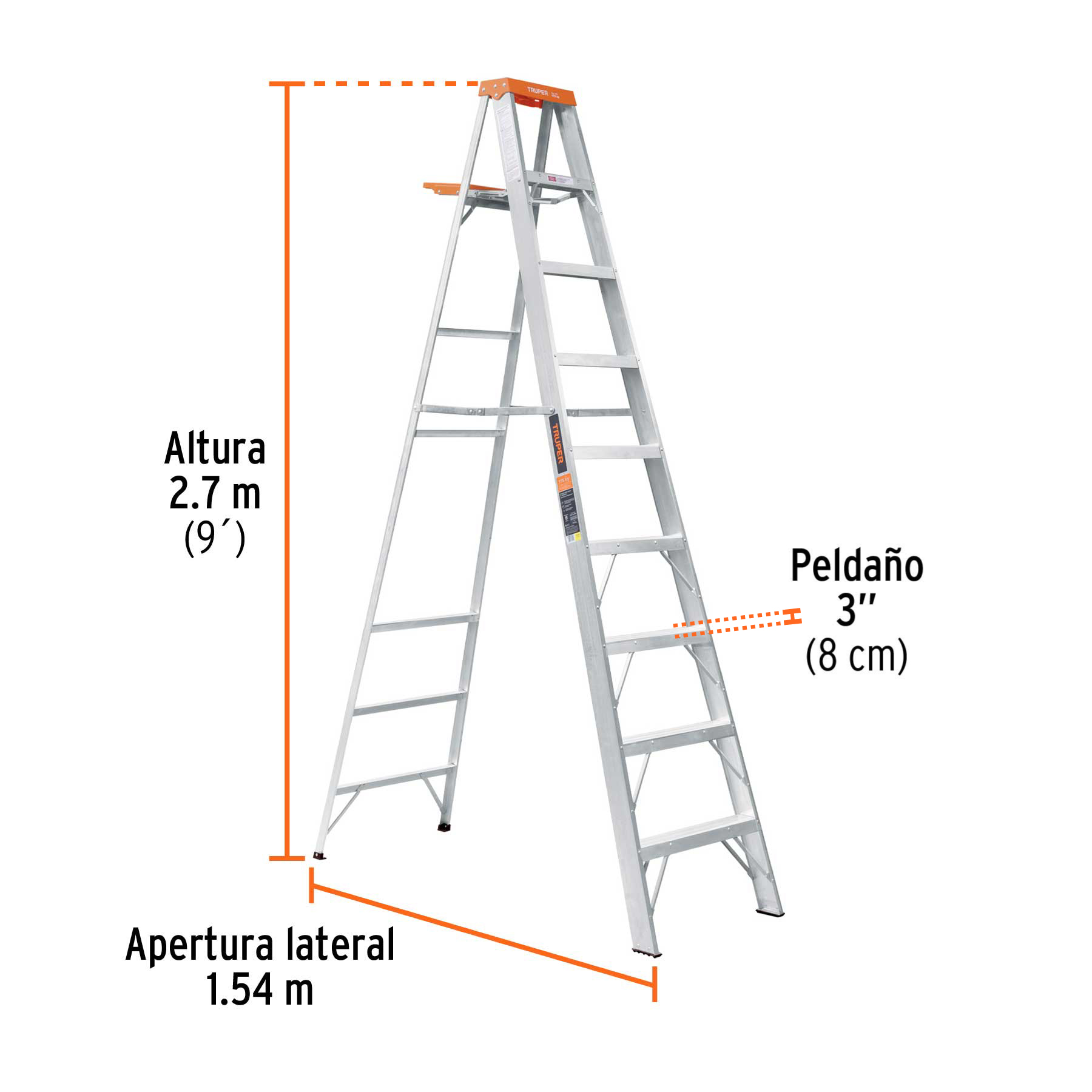 Escalera de tijera tipo ll 8 peldaños y bandeja, TRUPER - Imagen 3