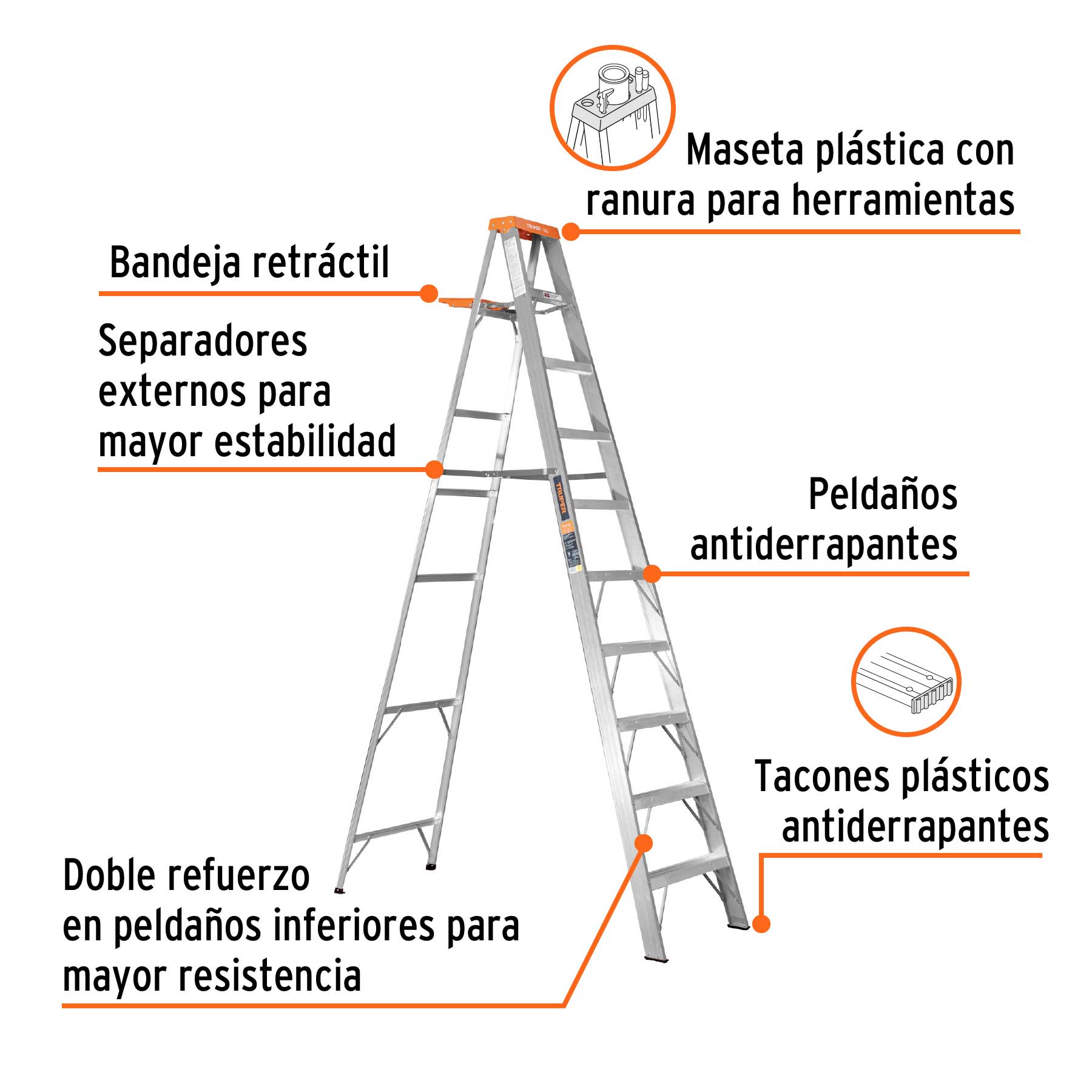 Escalera de tijera tipo II 9 peldaños y bandeja, TRUPER - Imagen 2