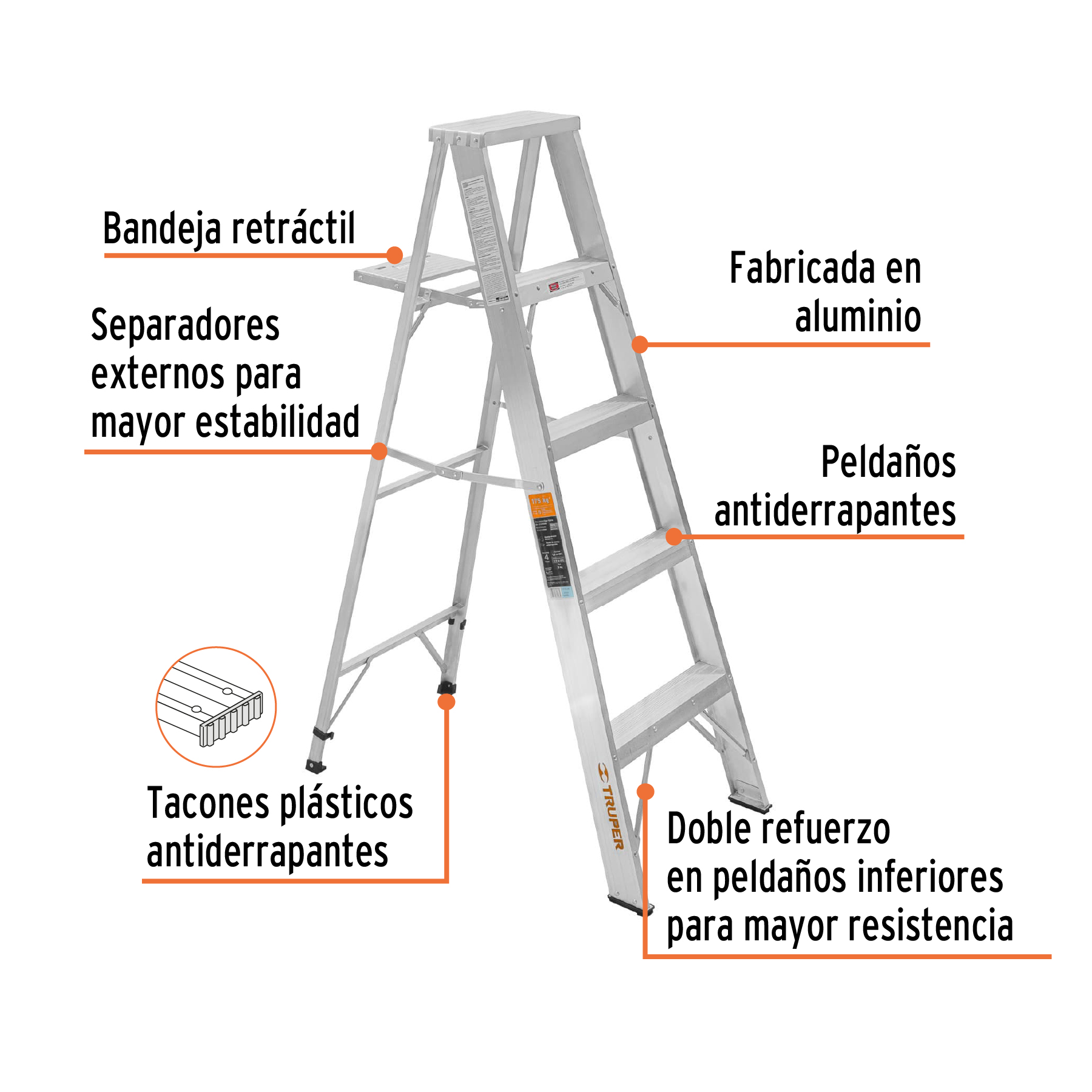 Escalera de tijera 100% aluminio tipo ll 4 peldaños, TRUPER - Imagen 2