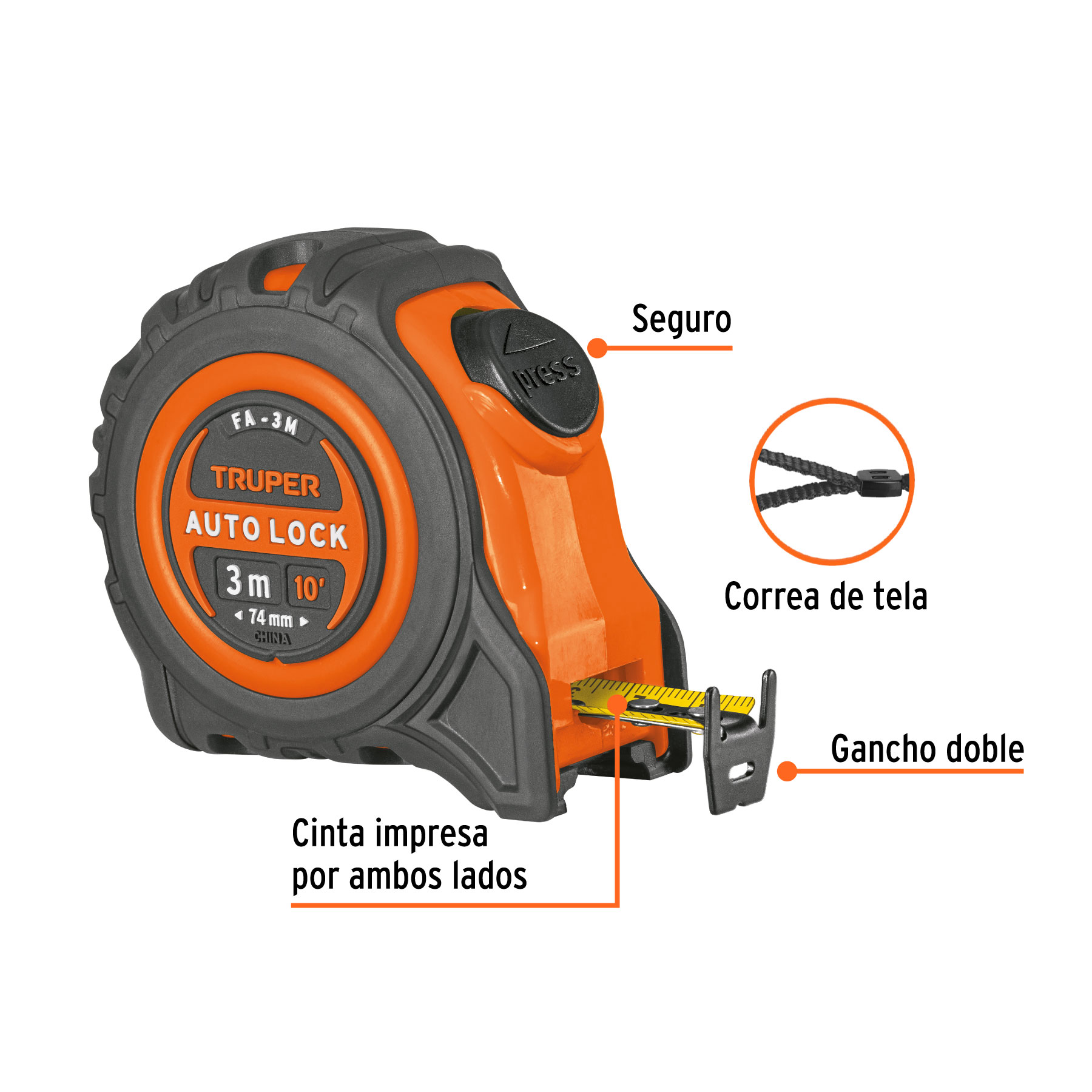 Flexómetro Auto-Lock contra impactos 3 m cinta 16 mm, TRUPER - Imagen 2