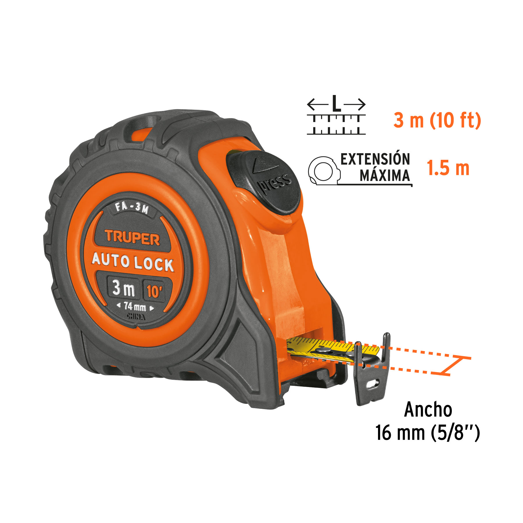 Flexómetro Auto-Lock contra impactos 3 m cinta 16 mm, TRUPER - Imagen 3