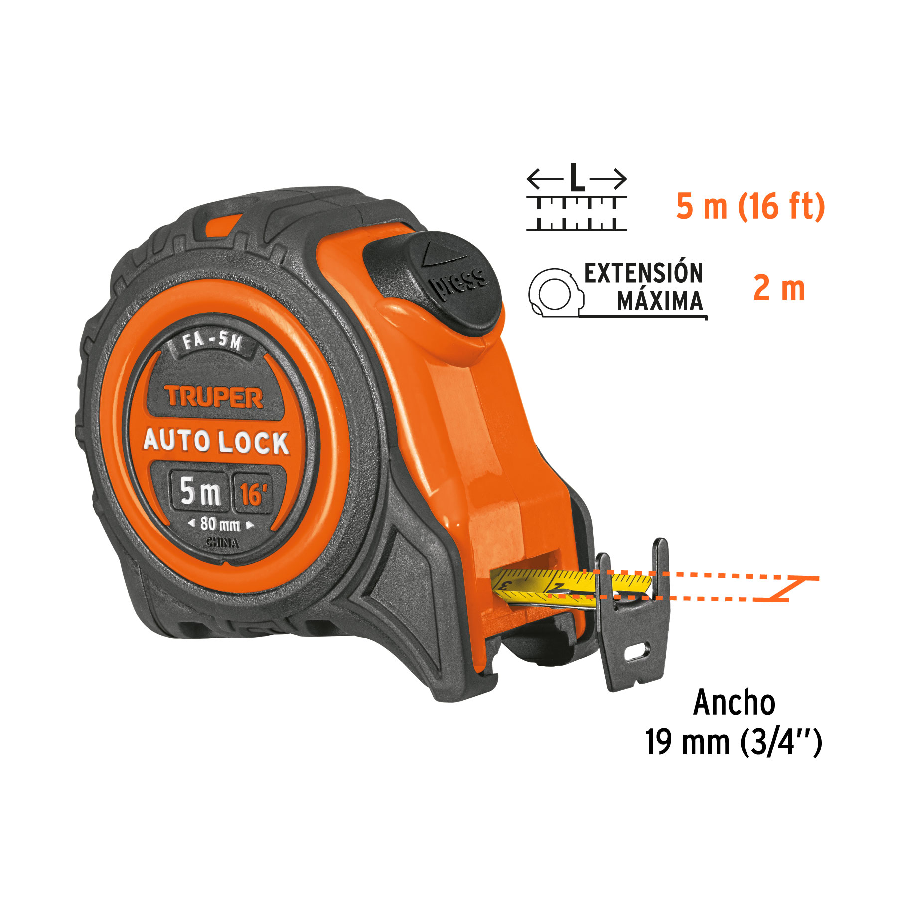 Flexómetro Auto-Lock contra impactos 5 m cinta 19 mm, TRUPER - Imagen 3