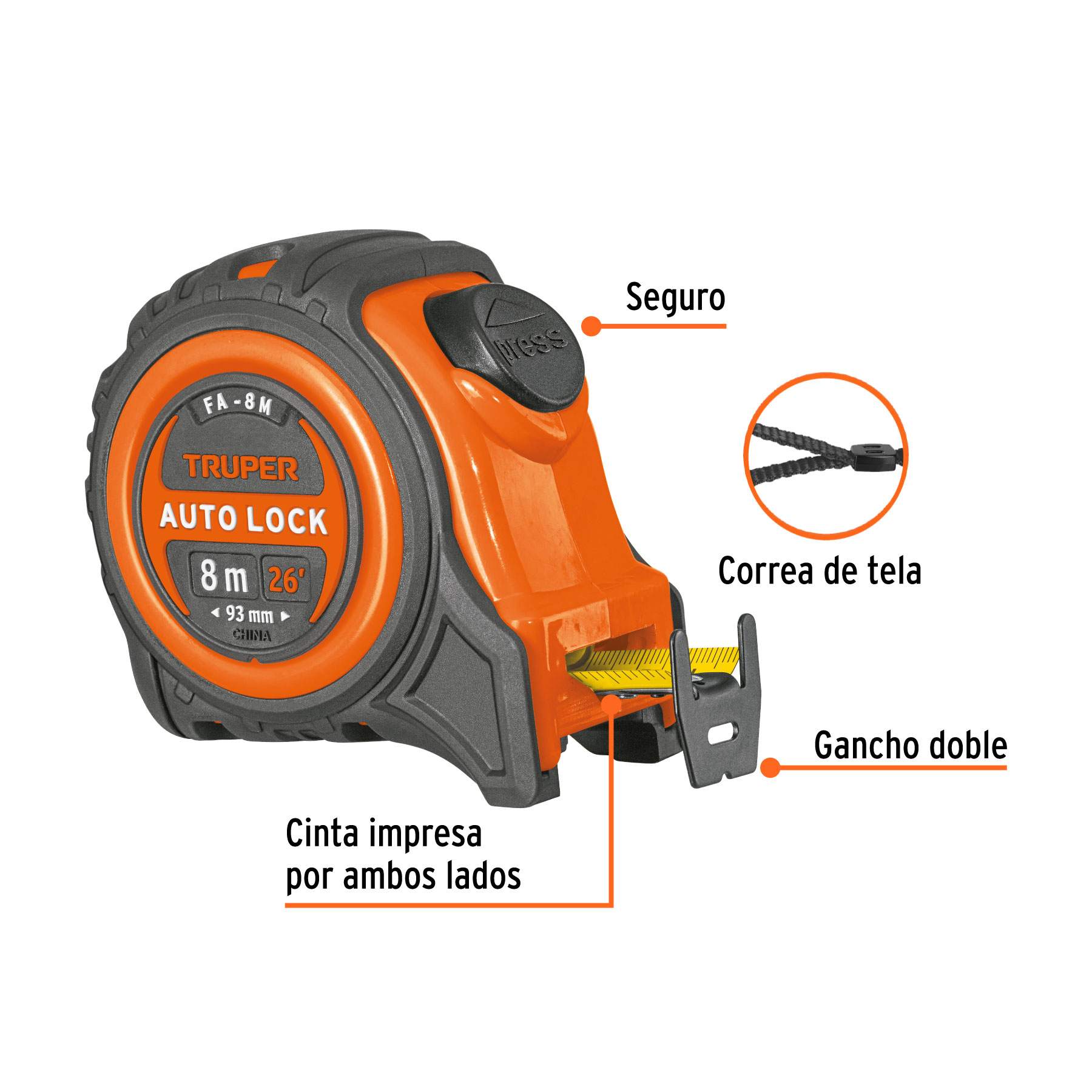 Flexómetro Auto-Lock contra impactos 8 m cinta 25 mm, TRUPER - Imagen 2