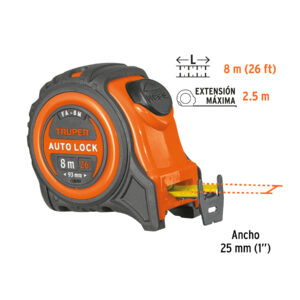 Flexómetro Auto-Lock contra impactos 8 m cinta 25 mm, TRUPER - Imagen 3