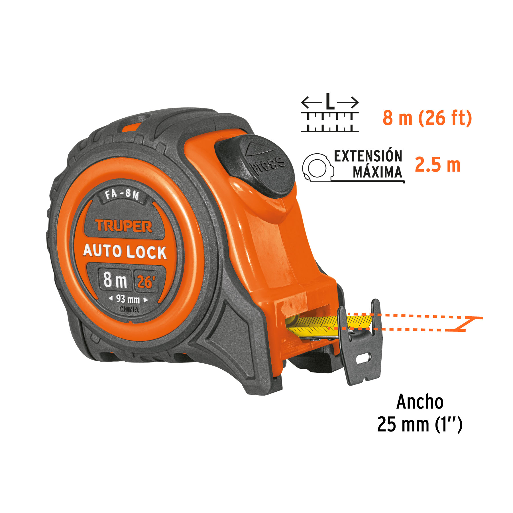 Flexómetro Auto-Lock contra impactos 8 m cinta 25 mm, TRUPER - Imagen 3
