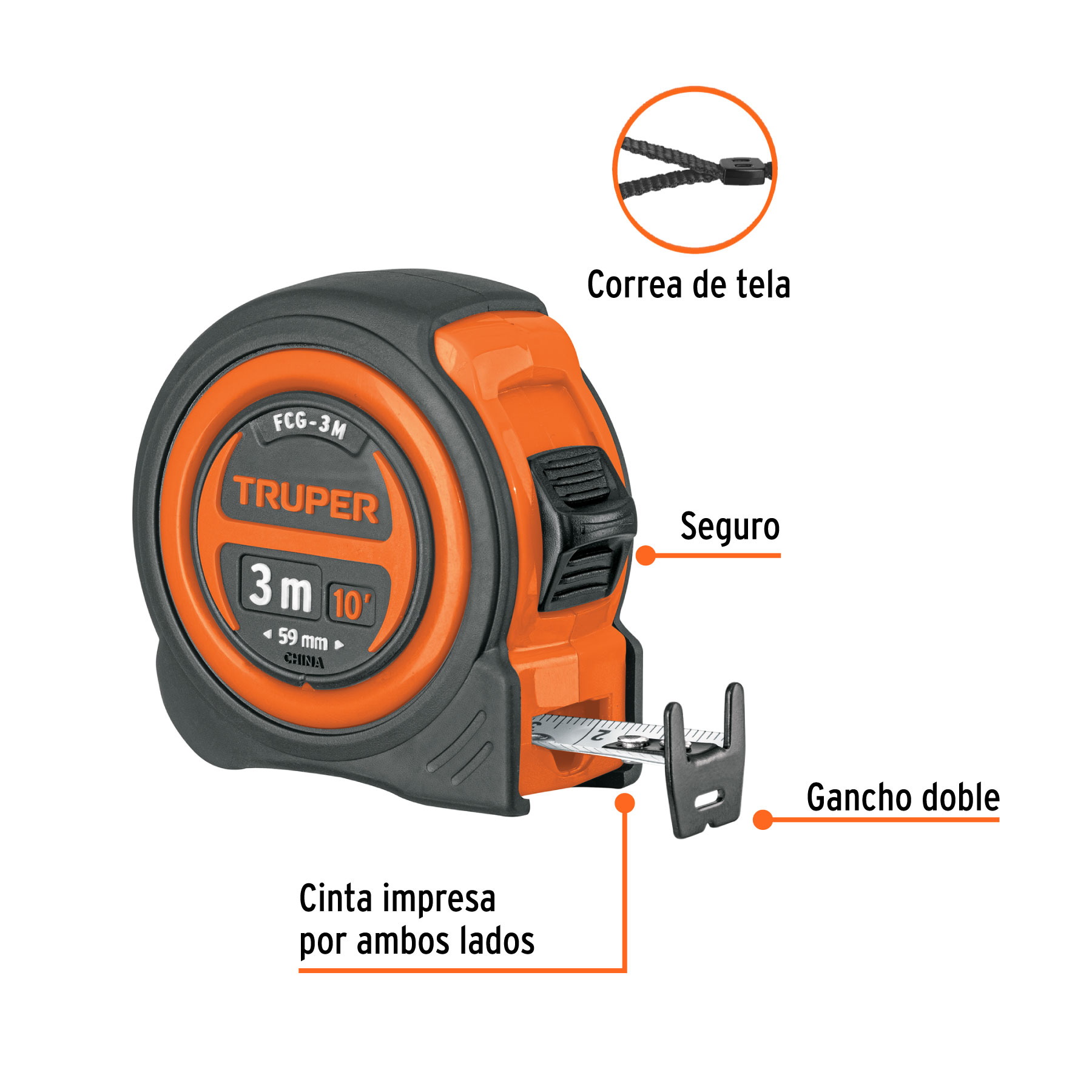 Flexómetro compacto contra impactos 3 m cinta 16 mm, TRUPER - Imagen 2