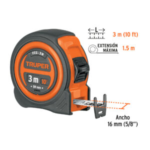 Flexómetro compacto contra impactos 3 m cinta 16 mm, TRUPER - Imagen 3